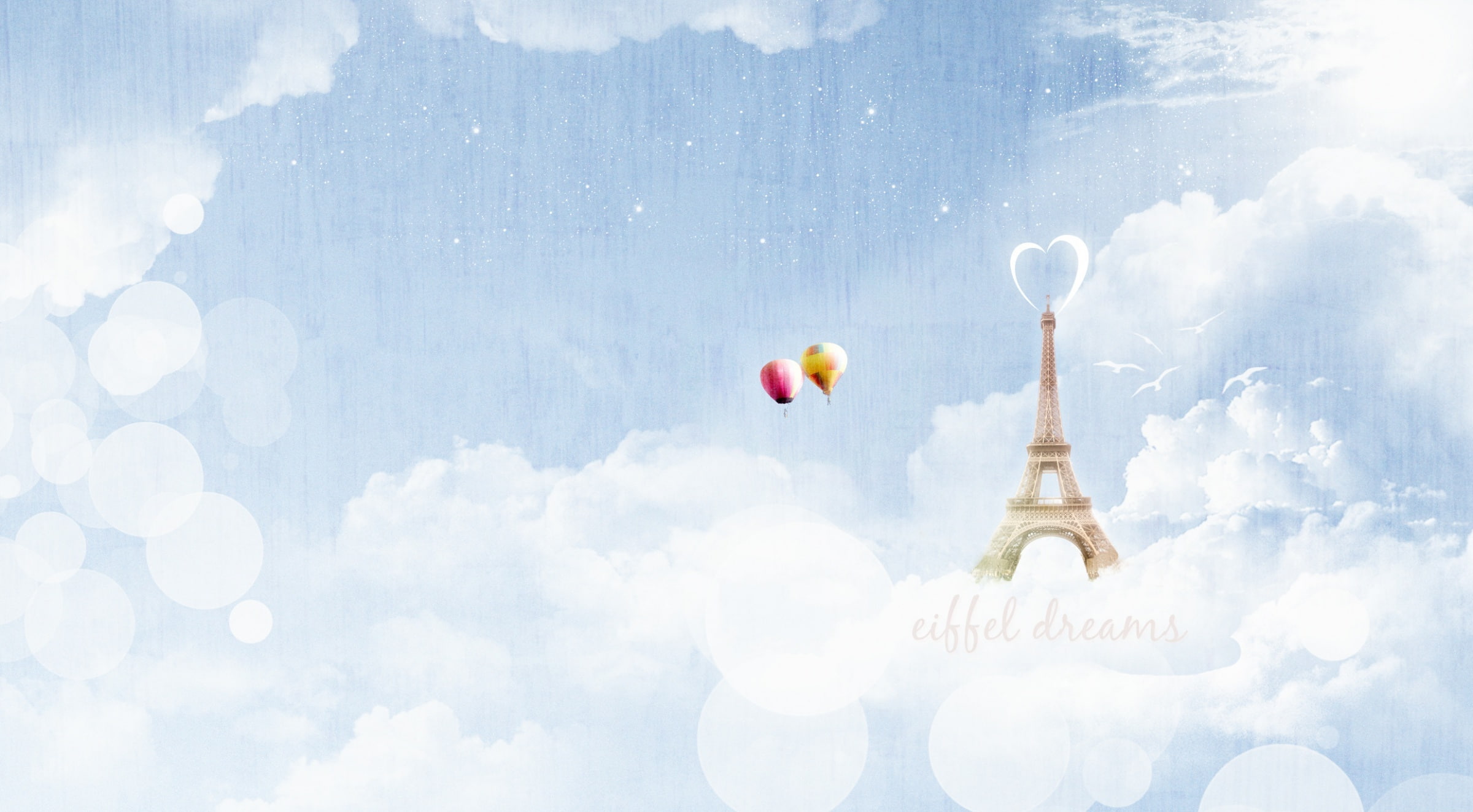 city, hot air balloon, blue, tower, birds, love, travel destinations, office building exterior, architecture, eiffel, dreamy, 1080P, bokeh, HD Wallpaper
