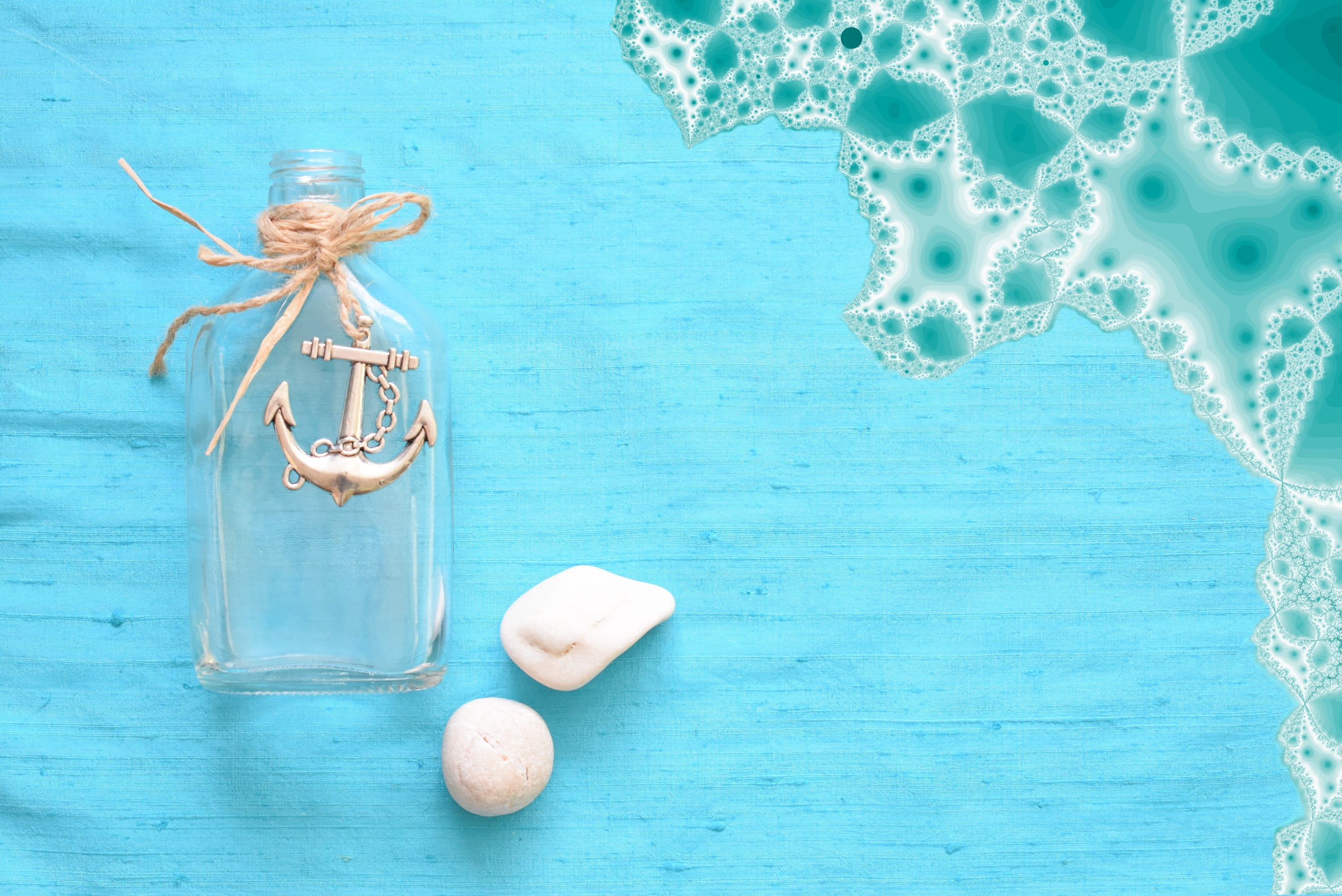 anchor, digital art, wood - material, summer, flowering plant, clear, pattern, still life, fractal, coast, foam, water, bottle, ocean, flower, holiday, HD Wallpaper
