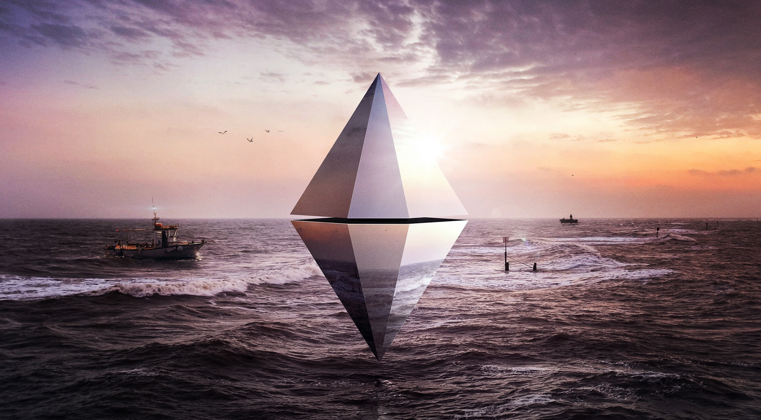 mode of transportation, outdoors, triangle, 2K, transportation, sky, sailing, nautical vessel, motion, digitalart, sunset, Design, Ship, Reflection, Ocean, HD Wallpaper