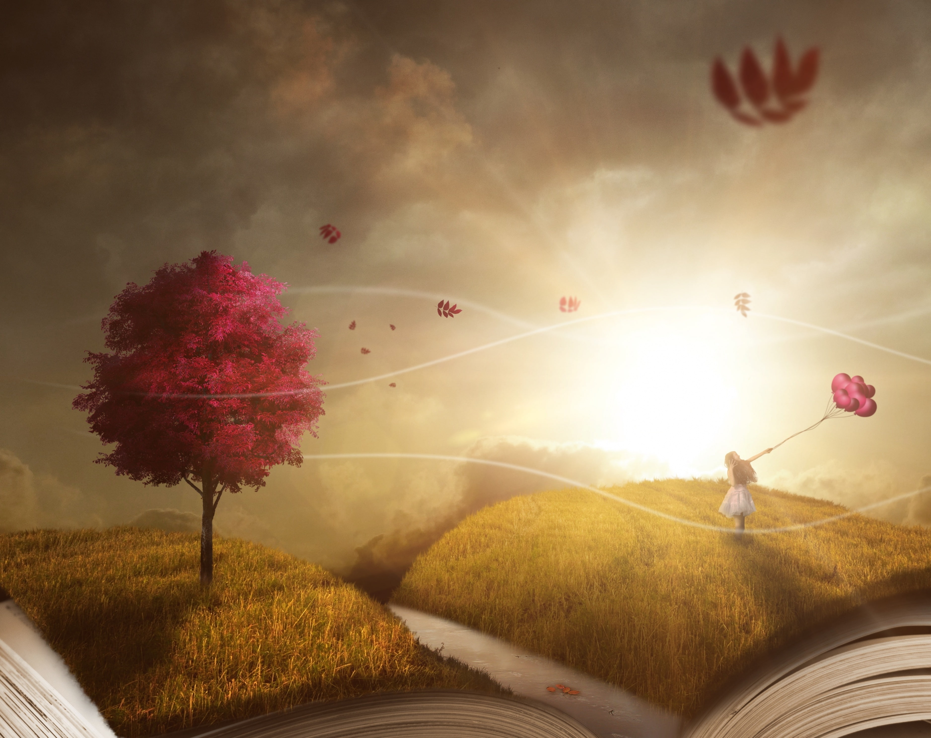 sun, beauty in nature, Tree, rear view, sunlight, lens flare, cloud - sky, Aero, red, photomanipulation, field, Creative, Girl, Wind, flying, real people, HD Wallpaper