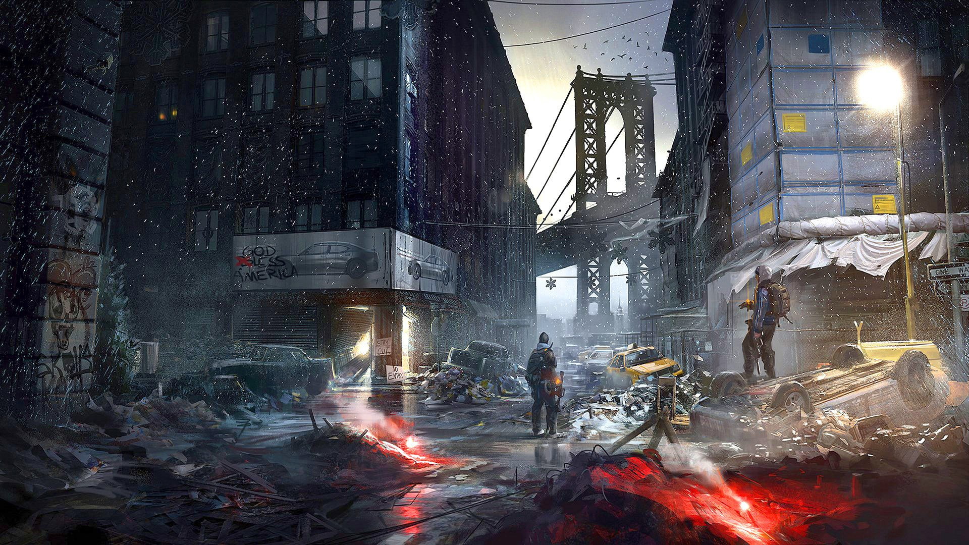 1080P, birds, artwork, Tom Clancys The Division, Wheels, city, bridge, New York City, video games, digital art, snow, trash, street, car, HD Wallpaper