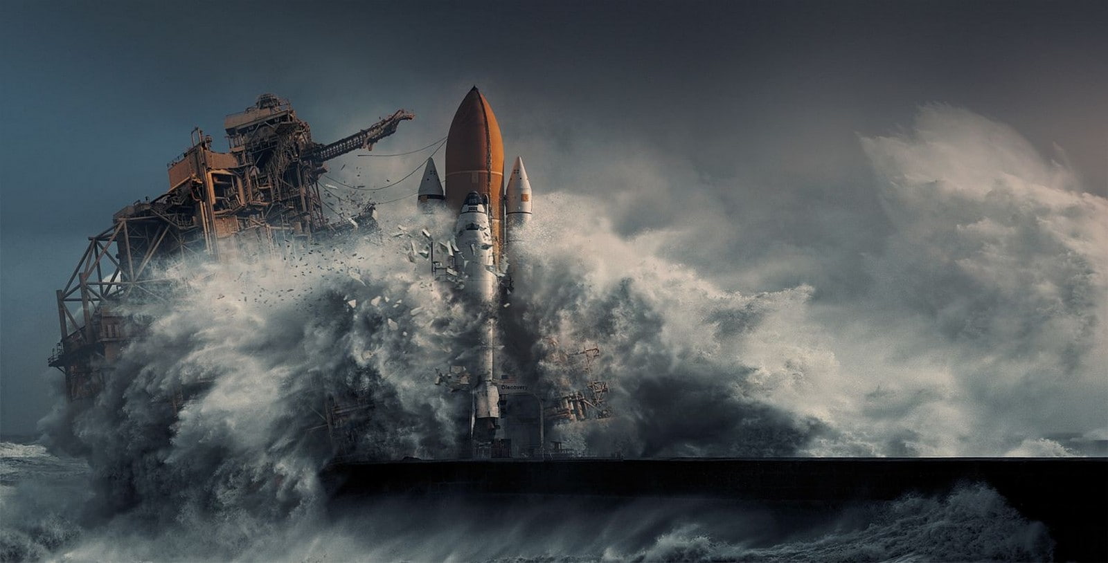 apocalyptic, storm, 720P, space shuttle, nature, sea, Discovery, Cape Canaveral, digital art, photography, landscape, HD Wallpaper
