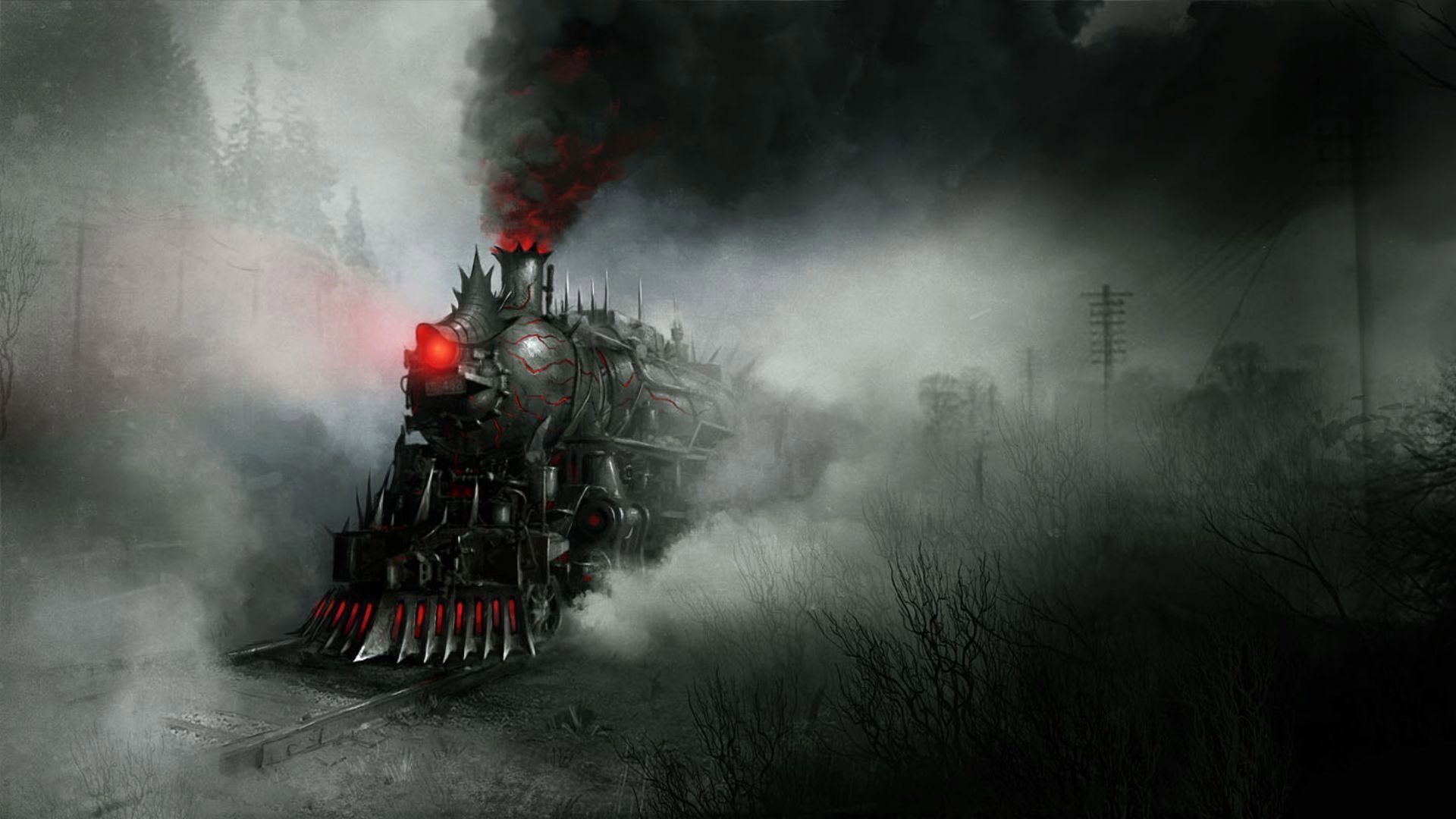 concept art, smoke, demon, artwork, steam locomotive, 1080P, fantasy art, steampunk, train, HD Wallpaper