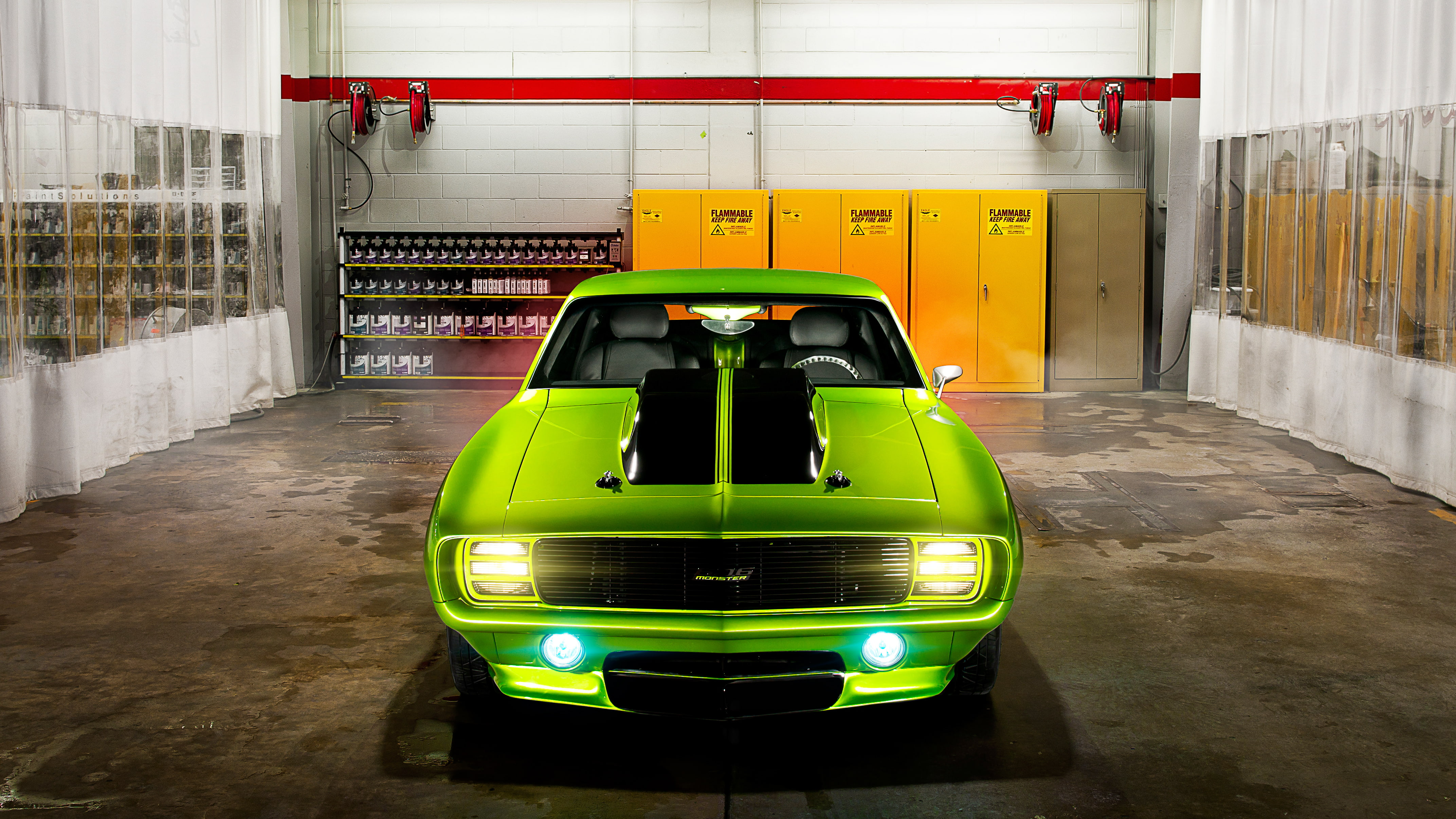 city, motion, land vehicle, Green Monster, 4K, mode of transportation, communication, motor vehicle, Chevrolet Camaro SS, transportation, garage, 1969, HD Wallpaper