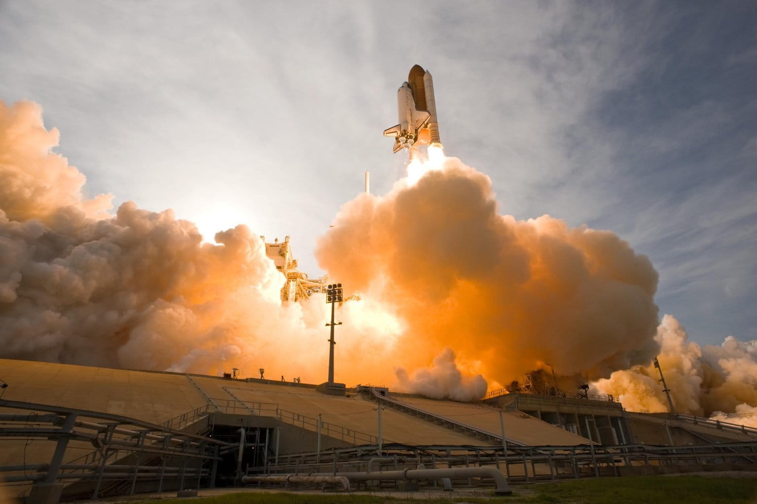orange color, lift-off, environment, environmental issues, spaceship, technology, building exterior, launch, steel and concrete structure, industrial district, HD Wallpaper