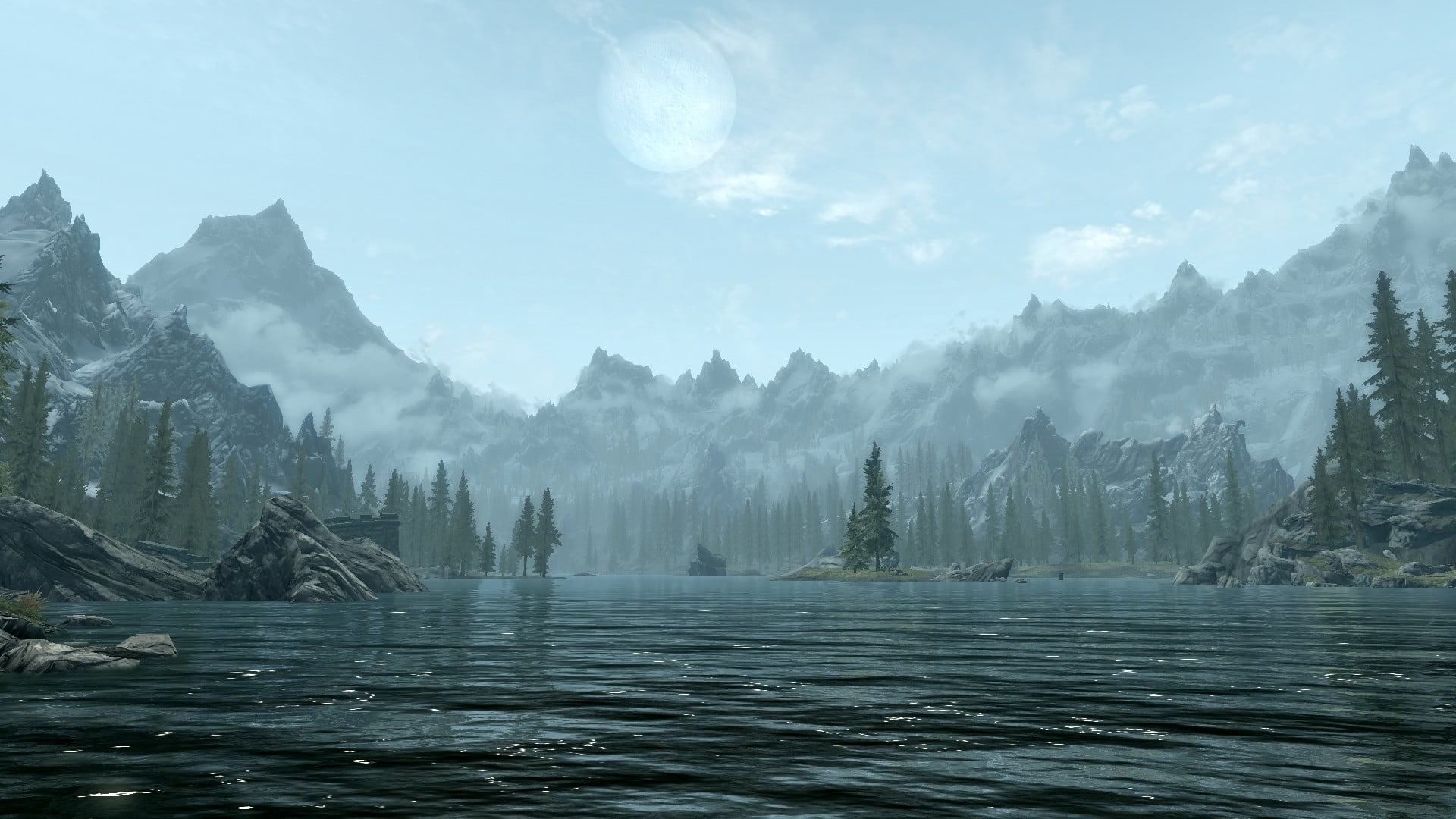 tranquility, illustration, sky, The Elder Scrolls V: Skyrim, fog, body, water, no people, 1080P, environment, day, tree, video games, tranquil scene, outdoors, HD Wallpaper