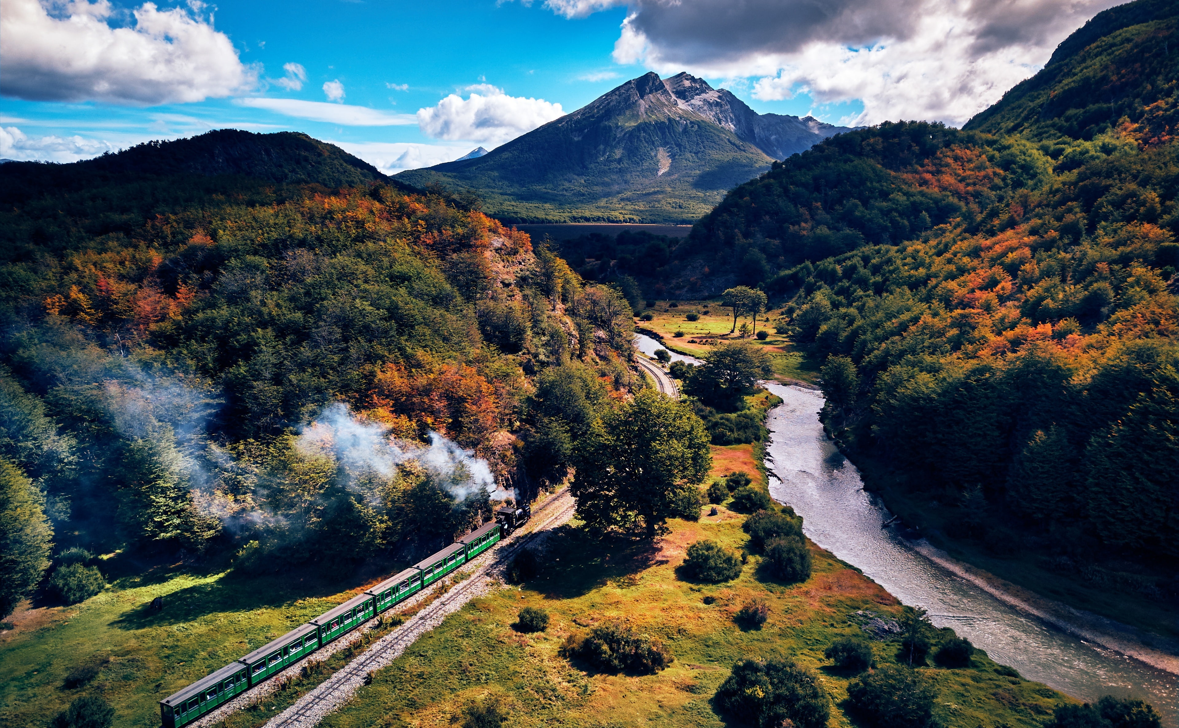 Trains, leafed, green, scenics - nature, world, Motors, idyllic, Train, mountain peak, Aerial, mountain range, transportation, environment, Journey, cloud - sky, HD Wallpaper