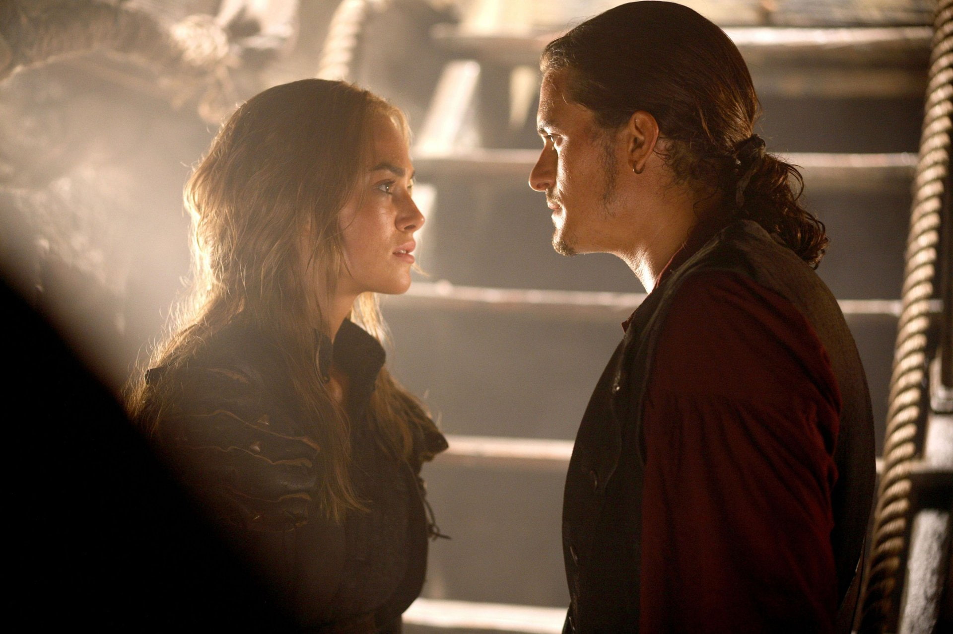 Keira Knightley, two people, face to face, young adult, adult, couple - relationship, heterosexual couple, Pirates Of The Caribbean: At Worlds End, people, HD Wallpaper