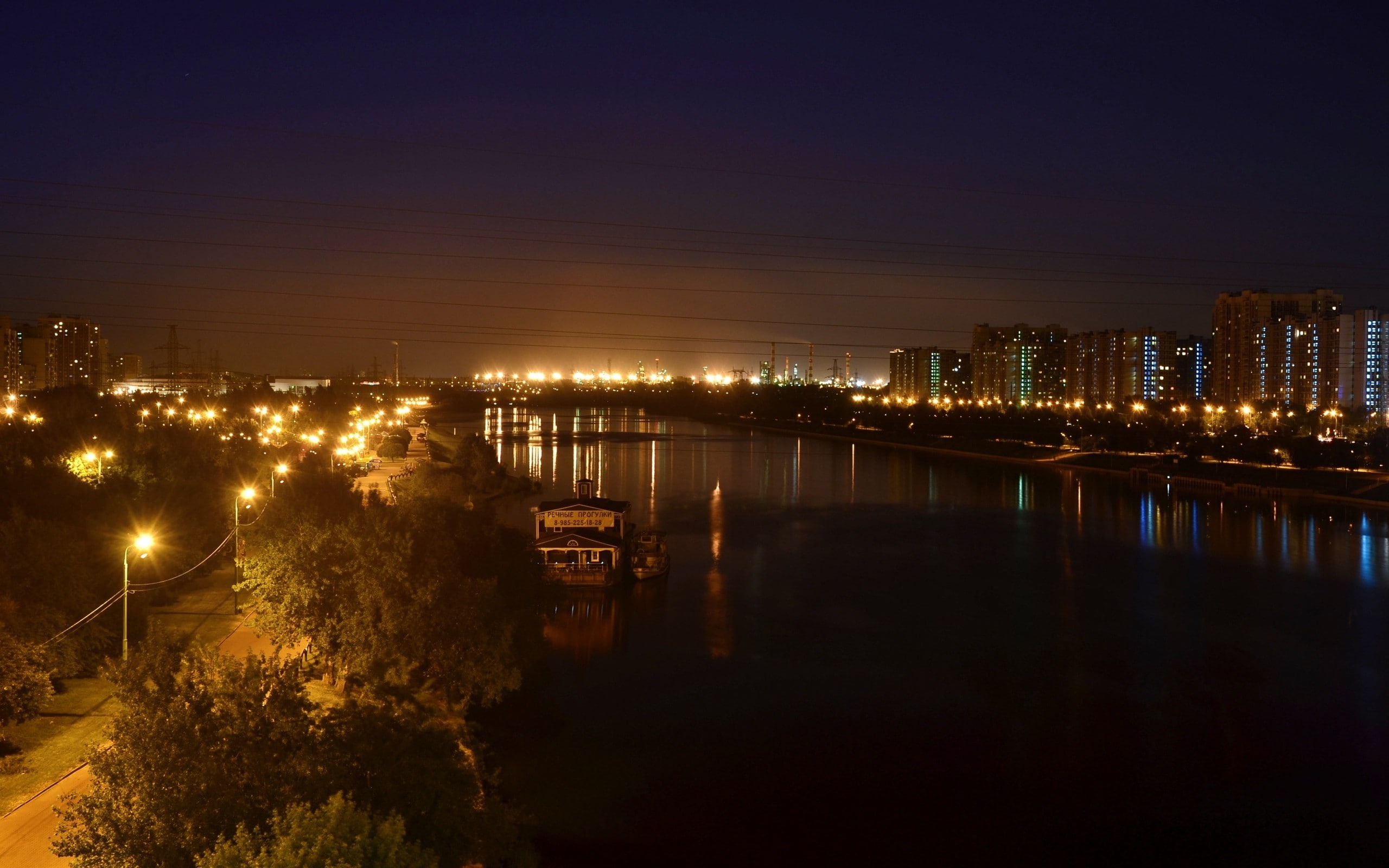 no people, glowing, sky, built structure, building exterior, lighting equipment, power lines, reflection, building, 2K, water, street light, architecture, HD Wallpaper