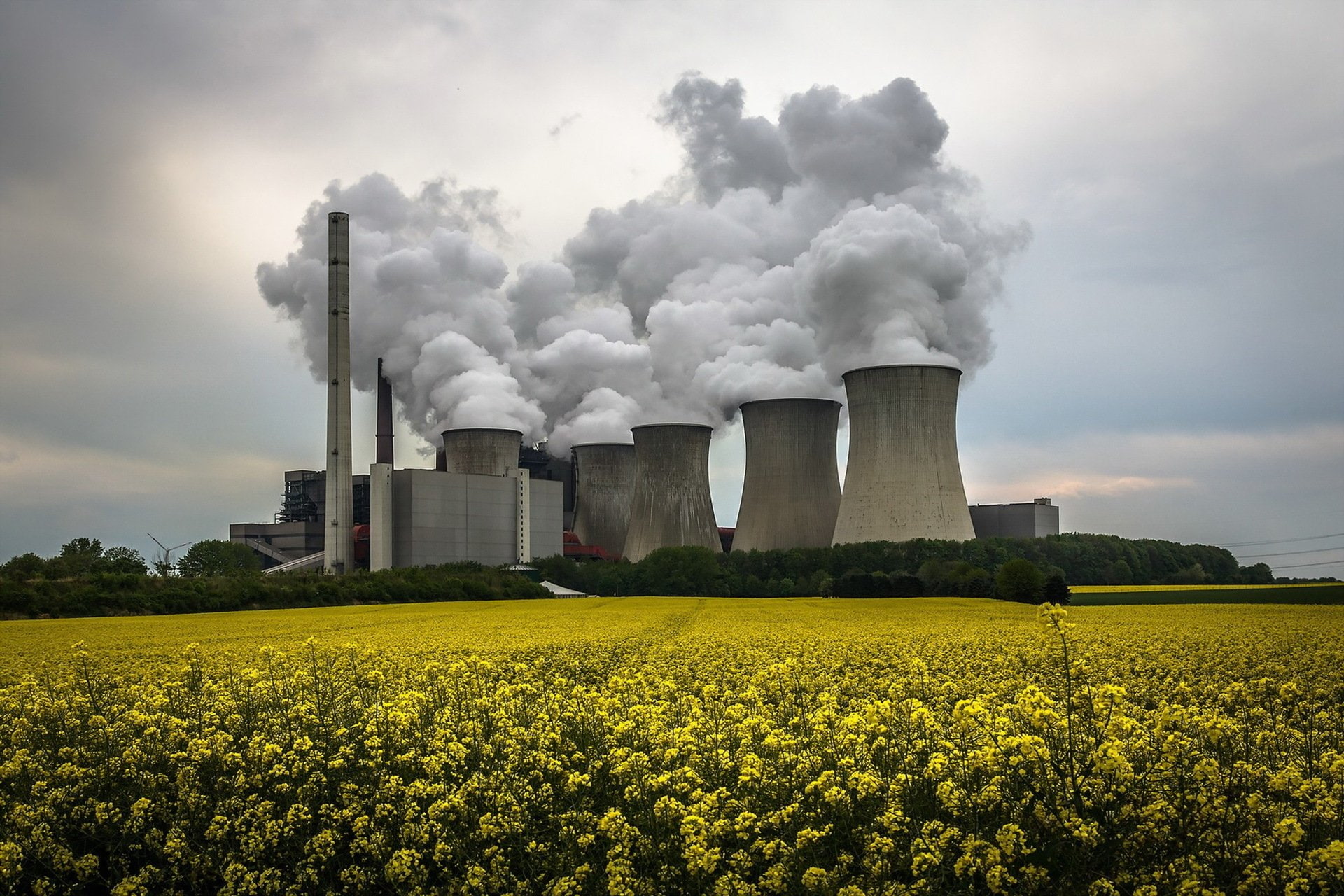 cloud - sky, 1080P, Power Plant, nature, fuel and power generation, Tower, Yellow Flower, Nuclear Plant, industry, landscape, building exterior, Man Made, HD Wallpaper