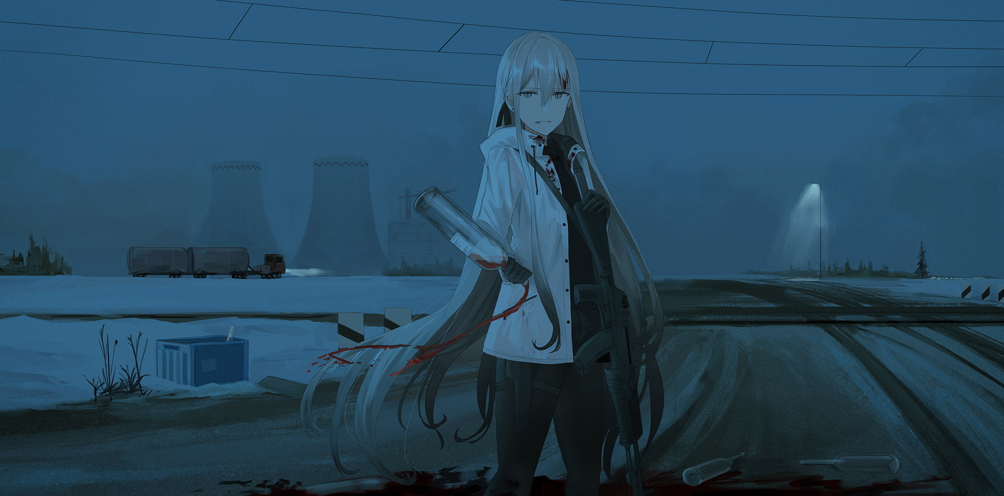 1080P, long hair, anime, weapon, nuclear power plant, road, dark, bottles, blonde, anime girls, HD Wallpaper