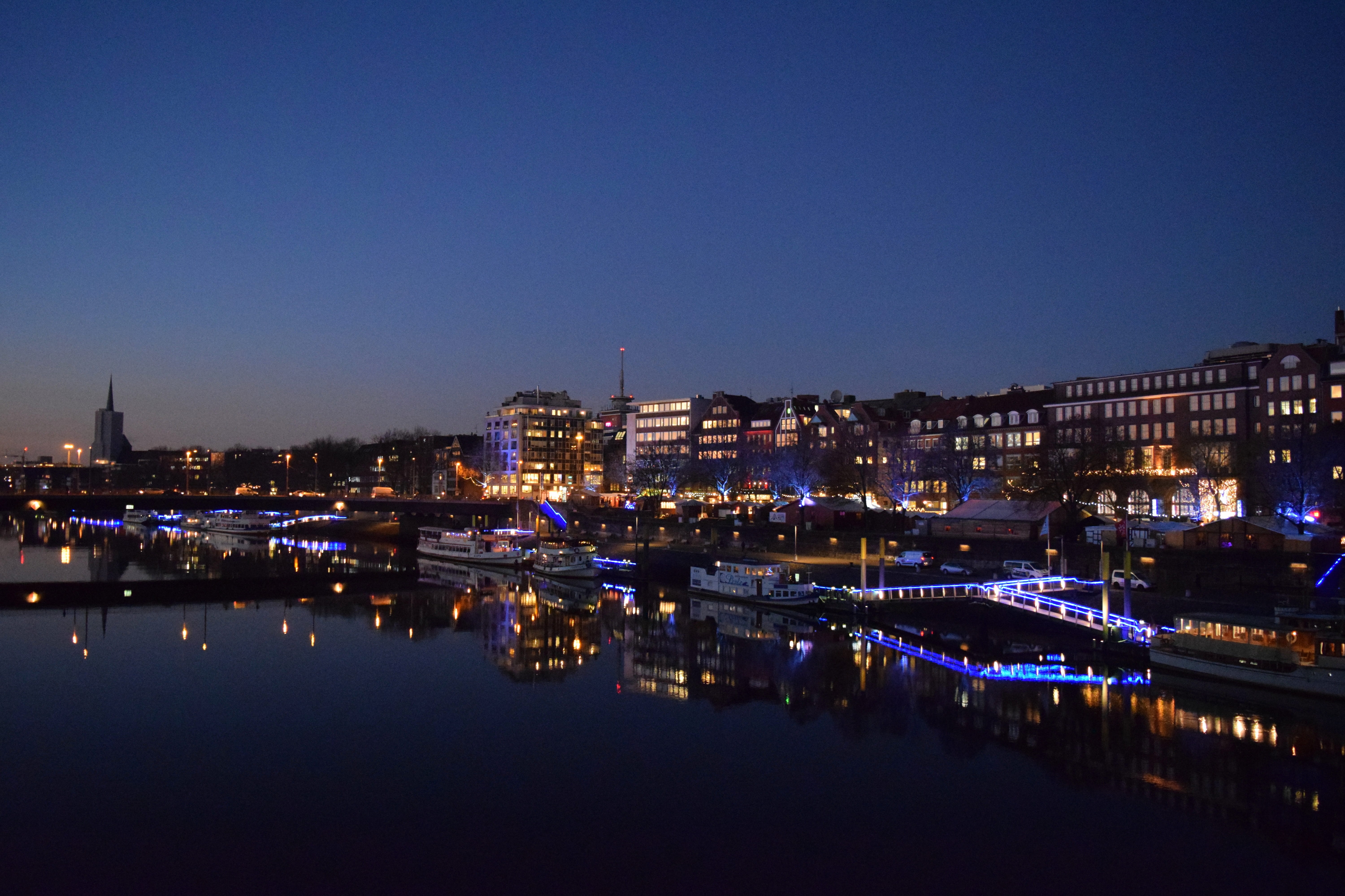 Weser, built structure, 5K, Twilight, bridge, sky, building, water, waterfront, transportation, nautical vessel, ships, Bremen, nature, architecture, atmosphere, HD Wallpaper