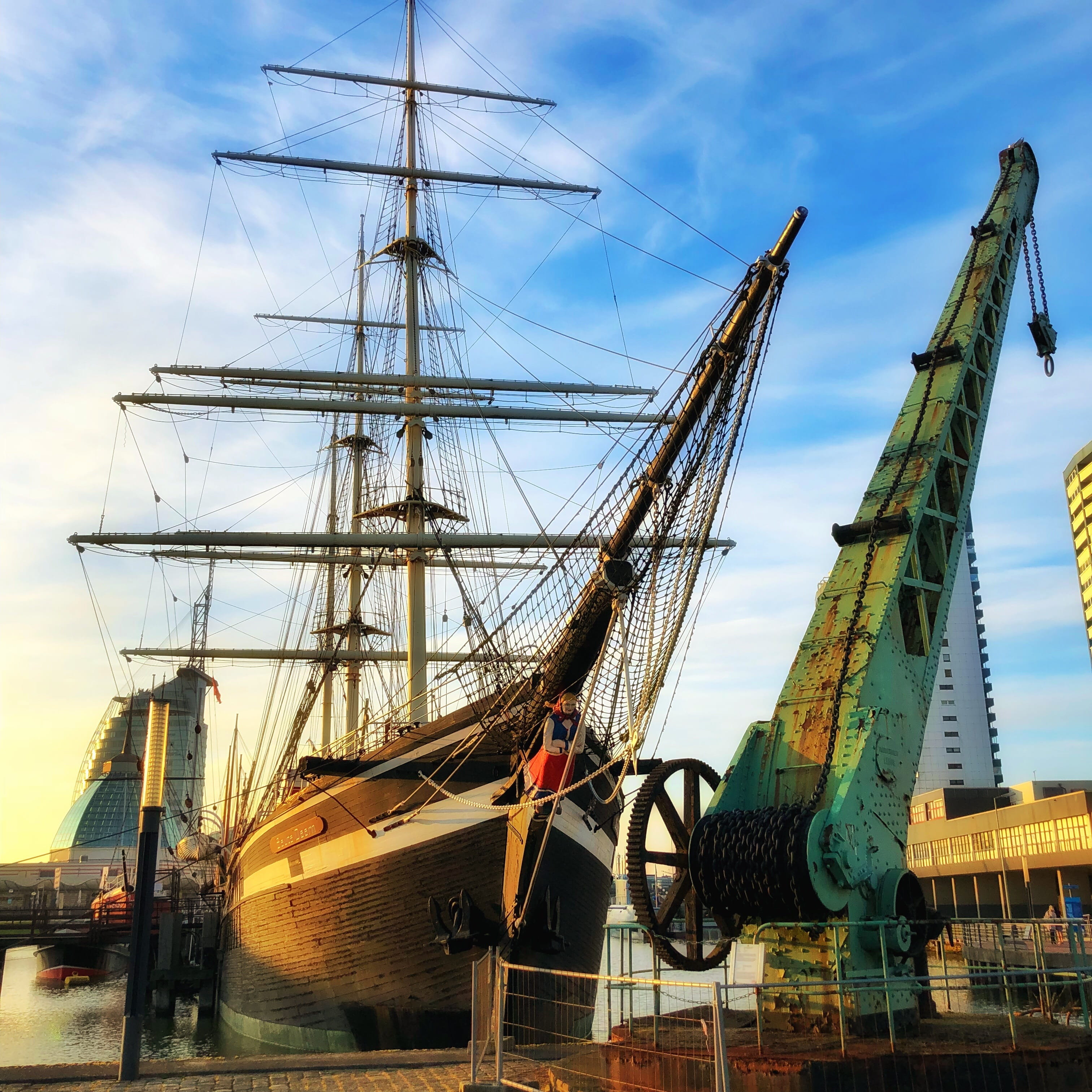boat, music, sail, industry, crane, weser, sailing vessel, loading, ship, transport system, sailing boat, day, cloud - sky, nature, captain, museum, architecture, Phone HD Wallpaper