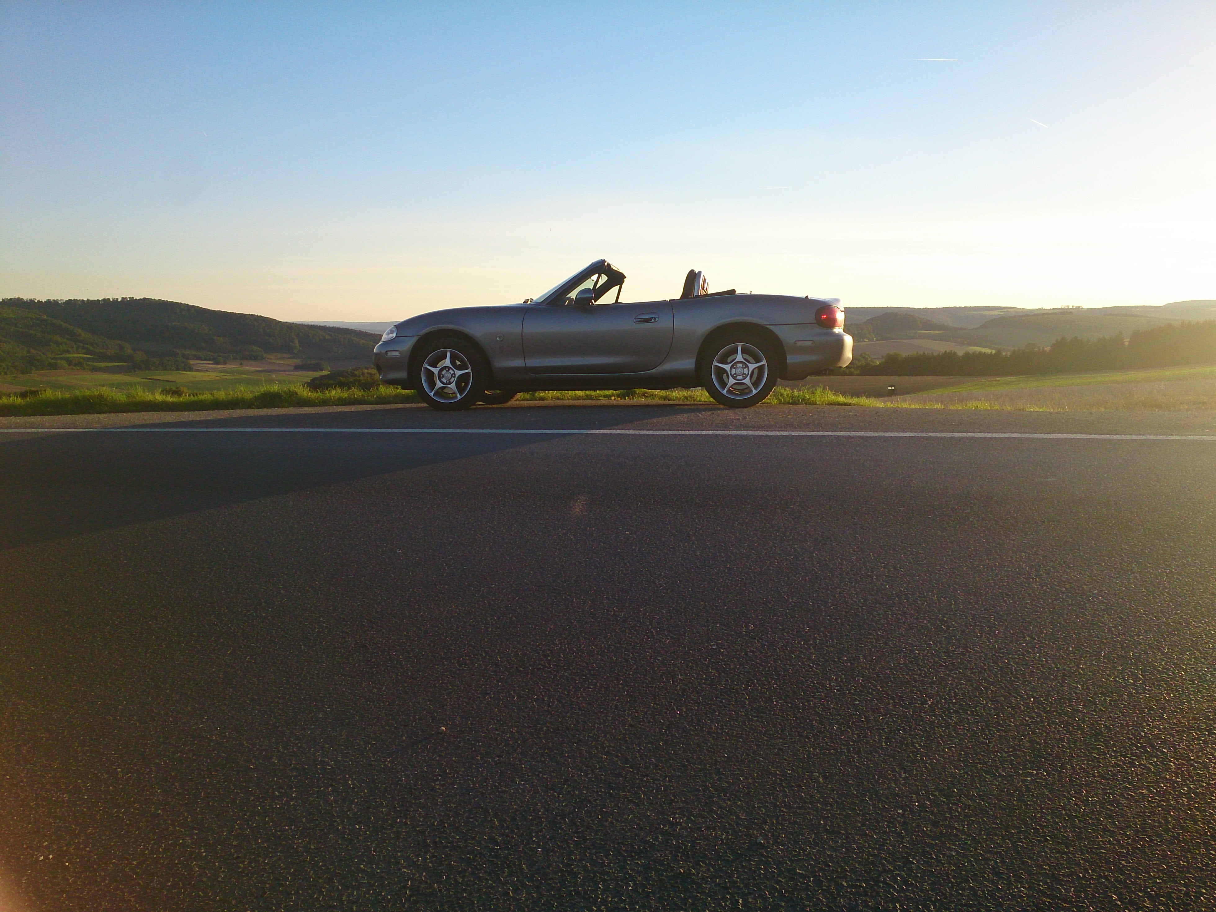 motor vehicle, land vehicle, sun, sky, travel, convertible, landscape, journey, bill, 4K, horizon over land, nature, car, freedom, no people, mazda, road, HD Wallpaper