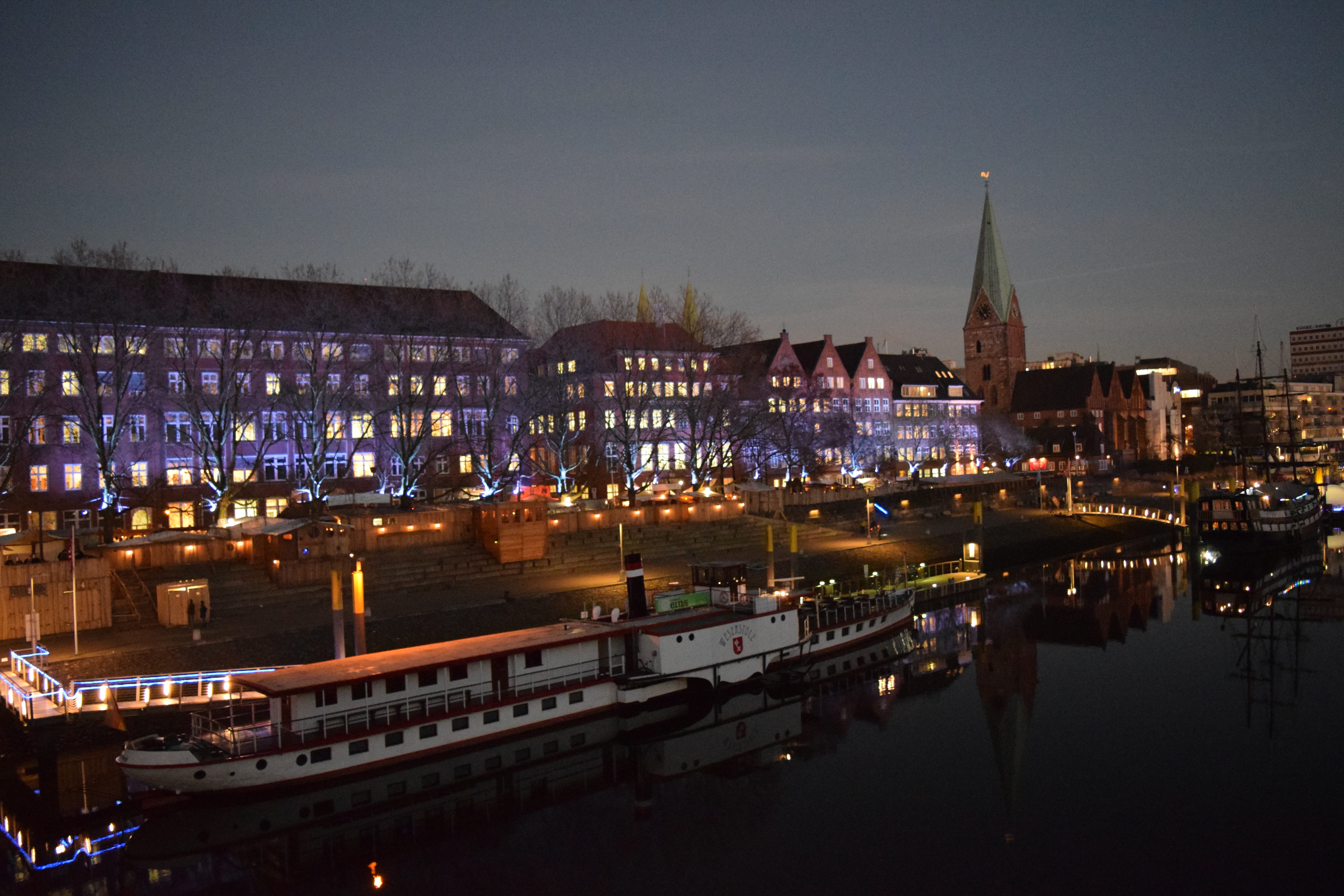 Kill, sky, no people, Weser, Bremen, night, city, nature, illuminated, travel, reflection, transportation, ships, architecture, 5K, high angle view, nautical vessel, HD Wallpaper