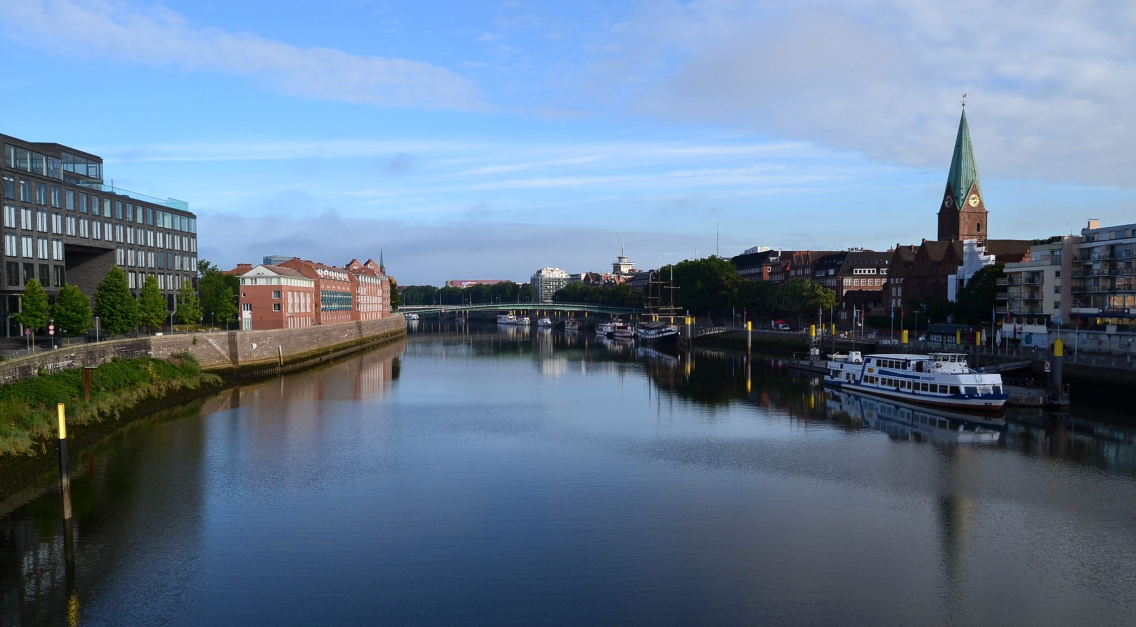 Weser, church, travel, Water, travel destinations, 1080P, River, no people, building, architecture, cloud - sky, Bremen, europe, built structure, bridge - Man Made Structure, HD Wallpaper