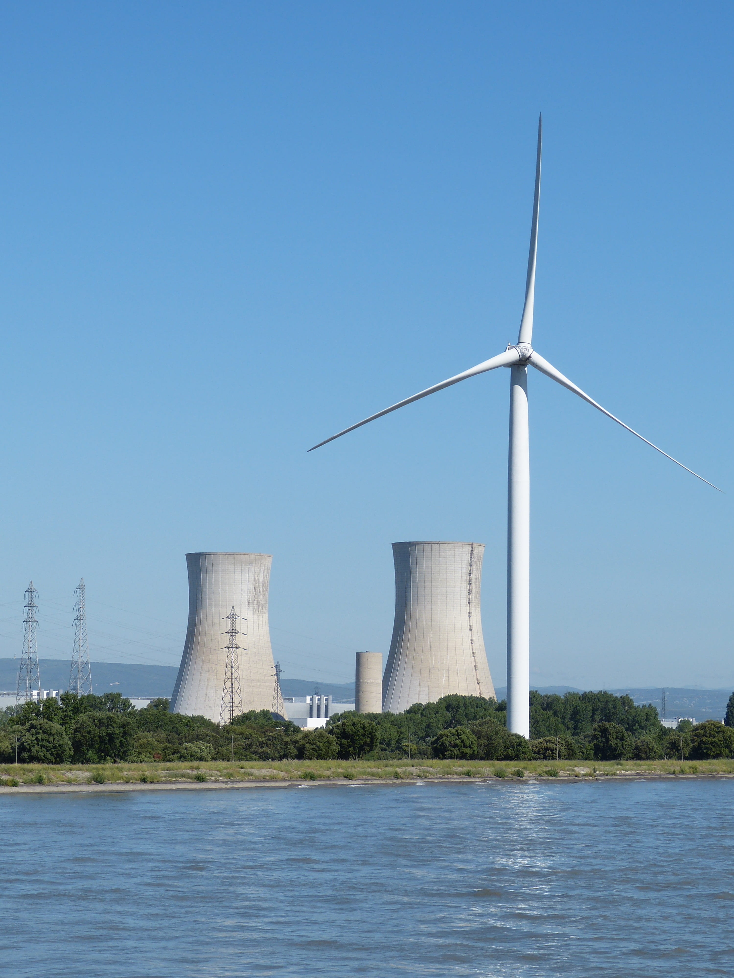 Rhône, wind turbine, nuclear energy, energy, river, environmental conservation, power supply, cooling tower, electricity, nature, power in nature, no people, Phone HD Wallpaper