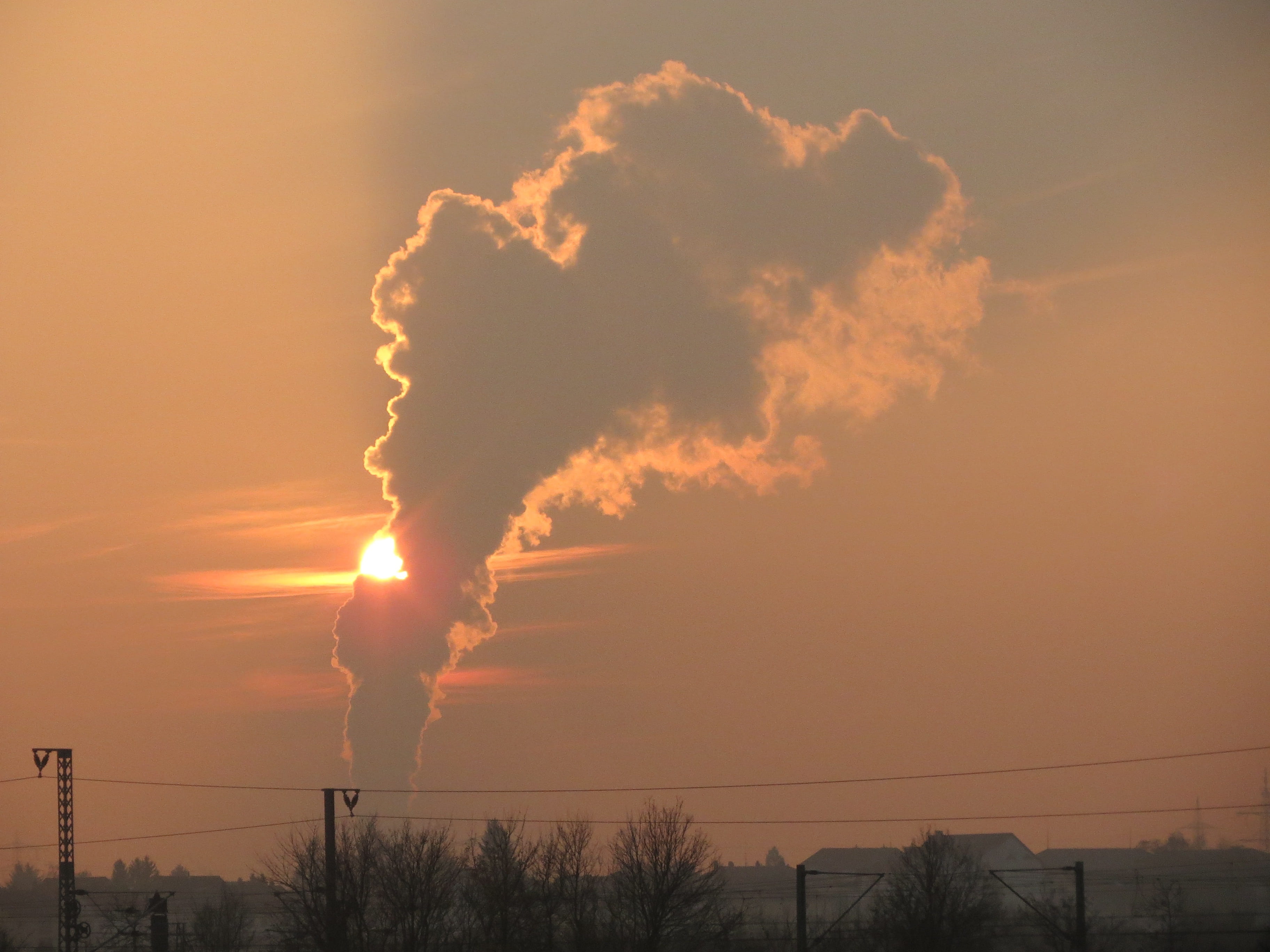environmental issues, smoke stack, silhouette, power supply, orange color, rising, pollution, cloud - sky, electricity, sunset, industry, philippsburg, HD Wallpaper
