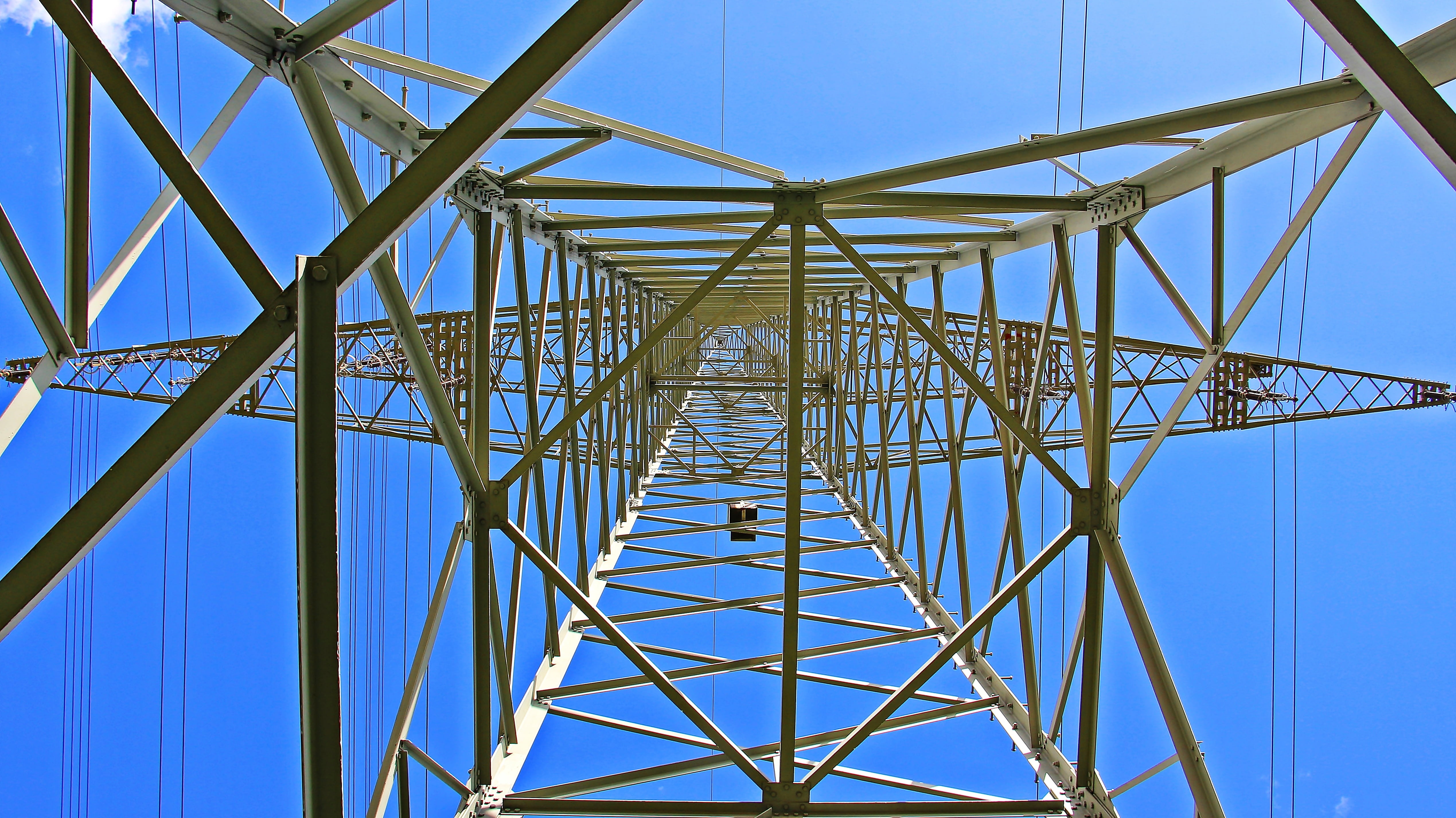 blue, clouds, tower, steel, no people, line, power poles, pattern, risk, nature, powerful, building, connection, power lines, wires, reinforce, technology, HD Wallpaper