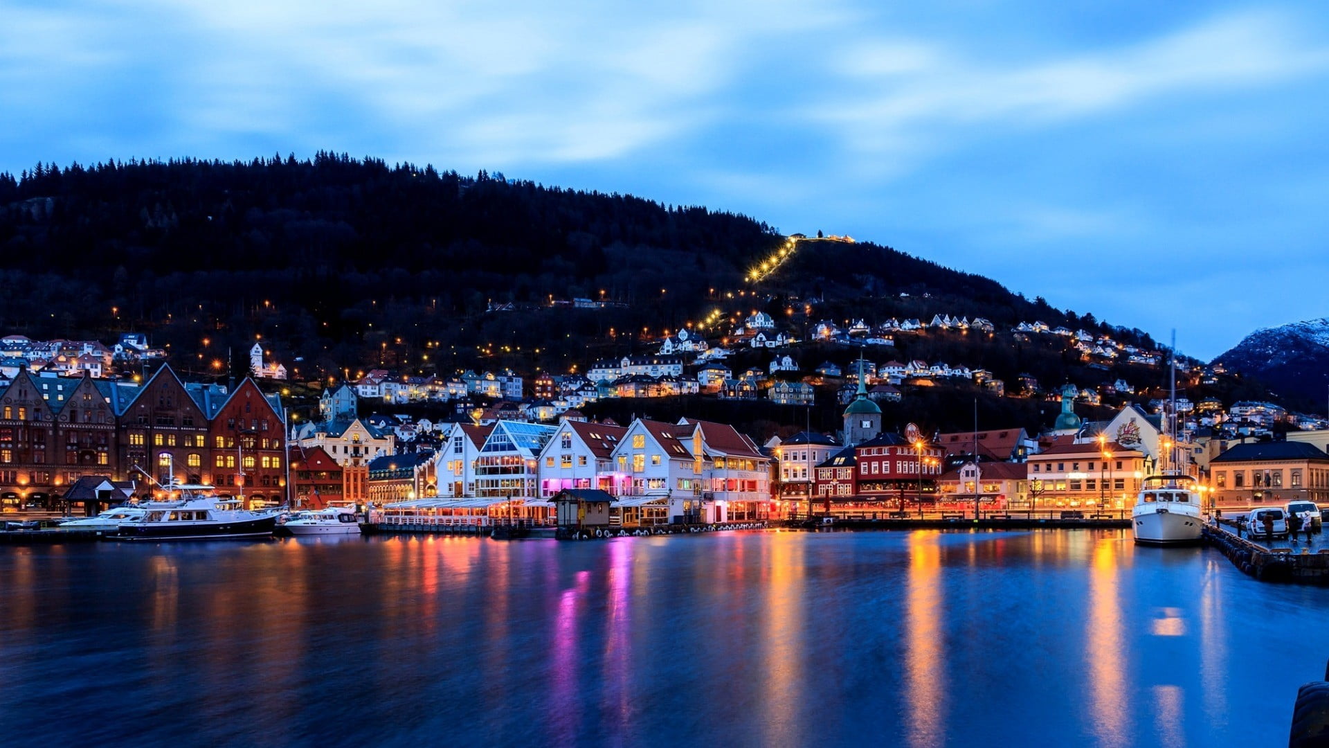 sailboat, mode of transportation, building, mountain, outdoors, town, sea, clouds, Norway, hills, building exterior, lights, long exposure, waterfront, HD Wallpaper