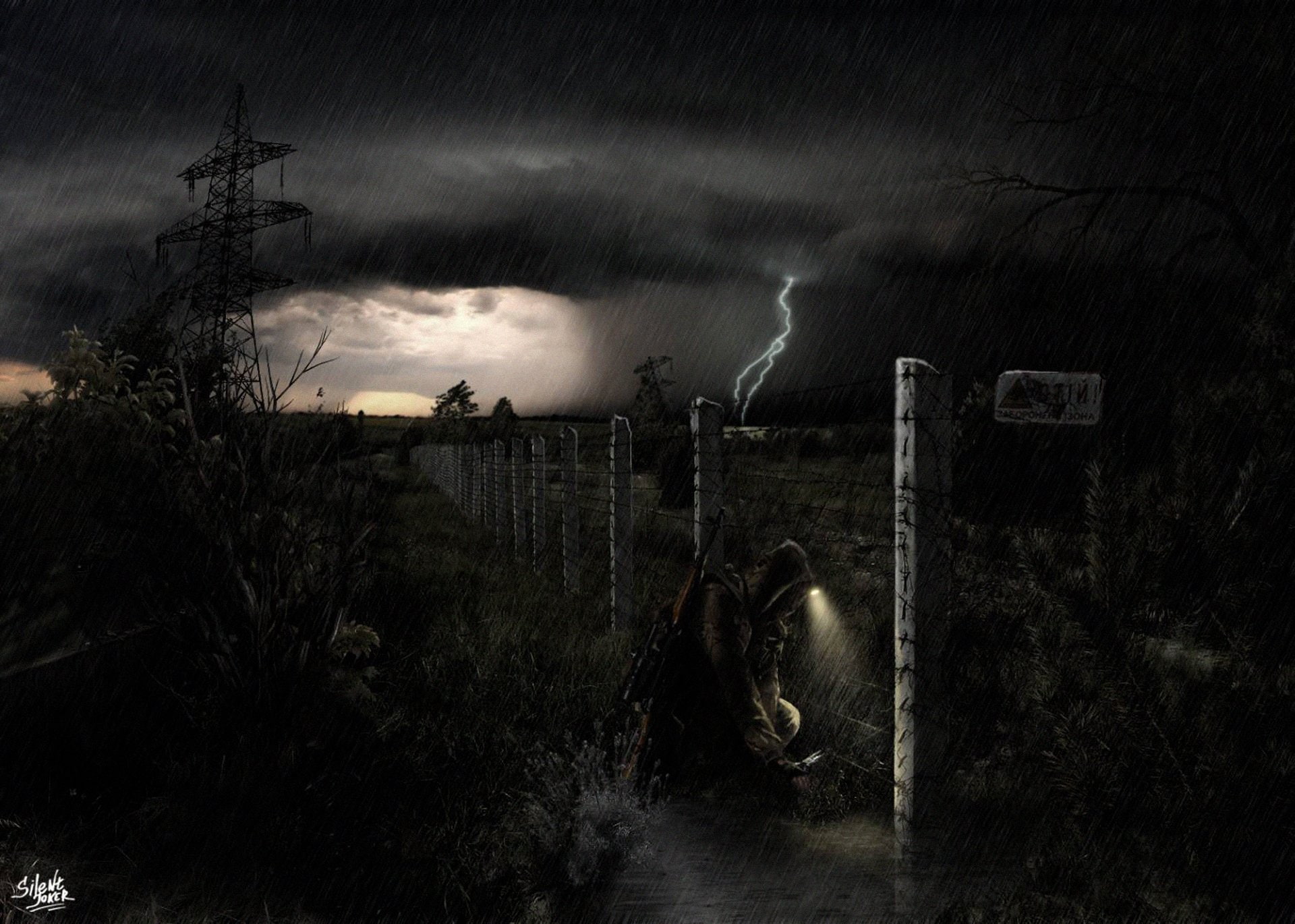 sci fi, 1080P, soldier, zone, night, chernobyl, stalker, rain, lightning, storm, HD Wallpaper
