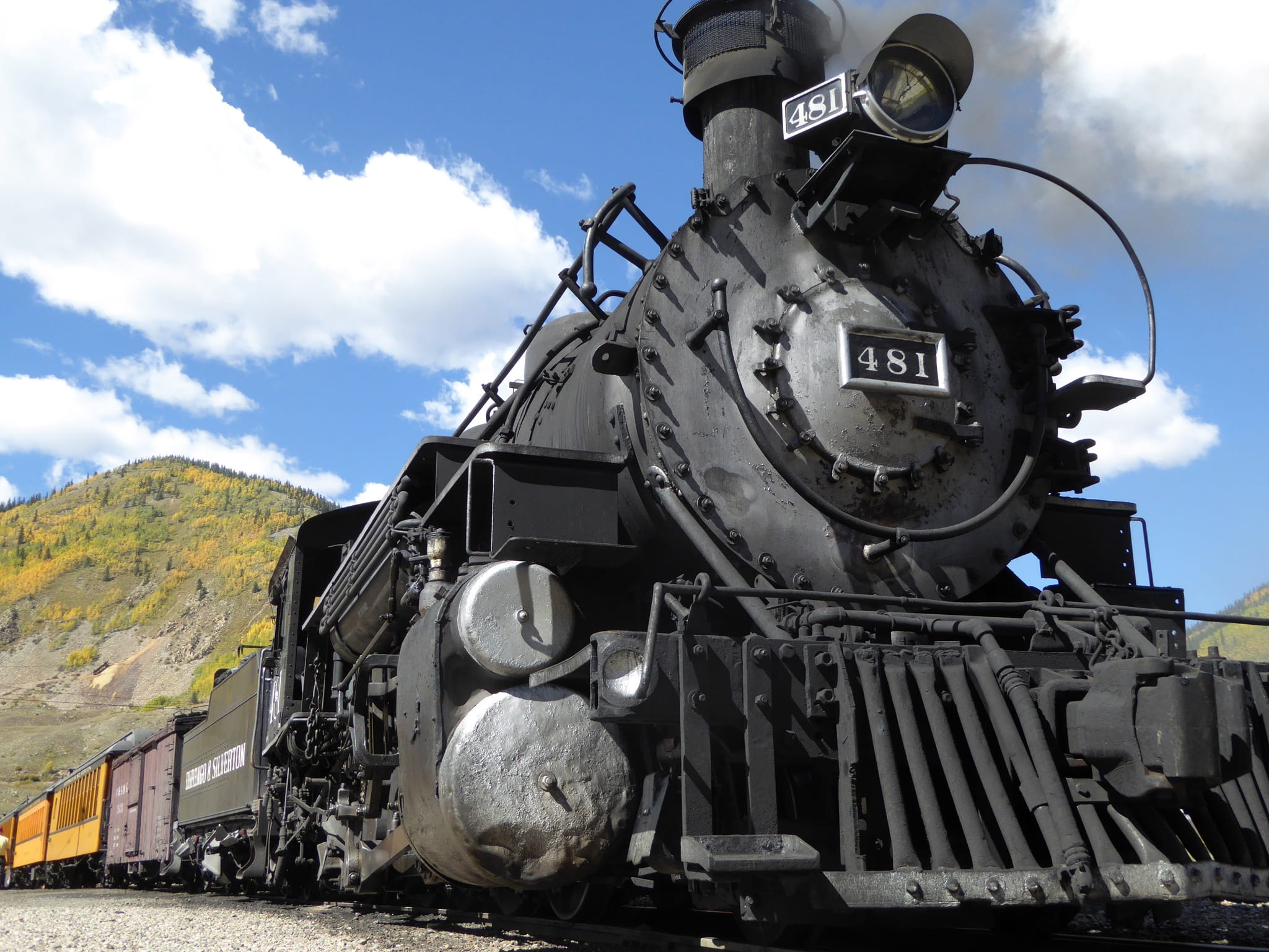 mode of transportation, loco, transportation, sunlight, metal, usa, steam, nature, day, autumn, the past, cloud - sky, rocky, railway, steam locomotive, HD Wallpaper