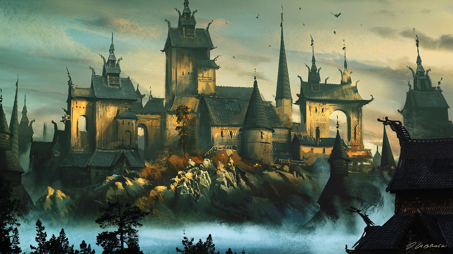 rock, birds, architecture, textured effect, castle, dusk, nature, sky, place of worship, city, spire, belief, sunset, the past, religion, painting, fantasy art, HD Wallpaper