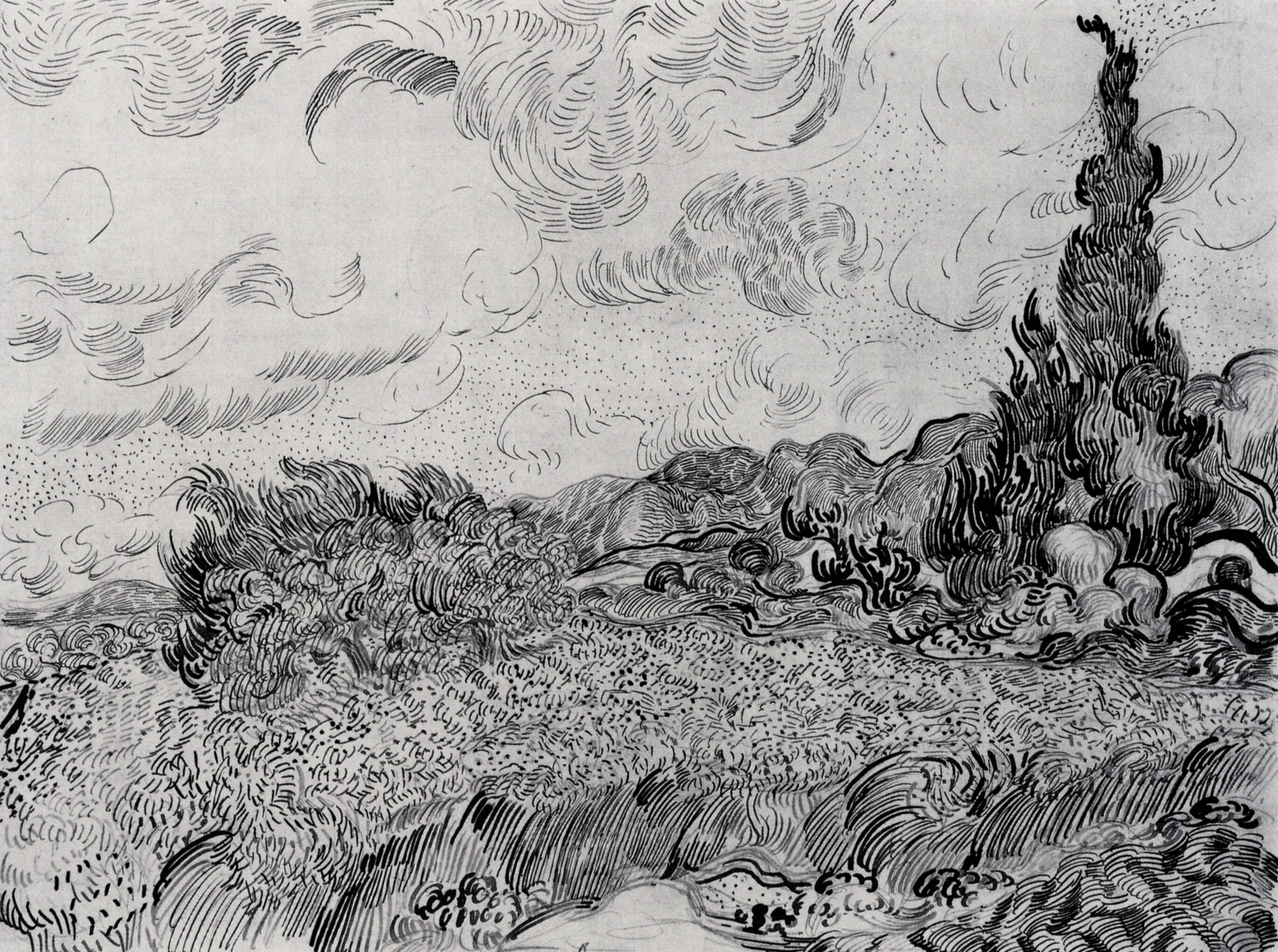 Wheat Field with Cypresses, Vincent van Gogh, black and white, 2K, HD Wallpaper