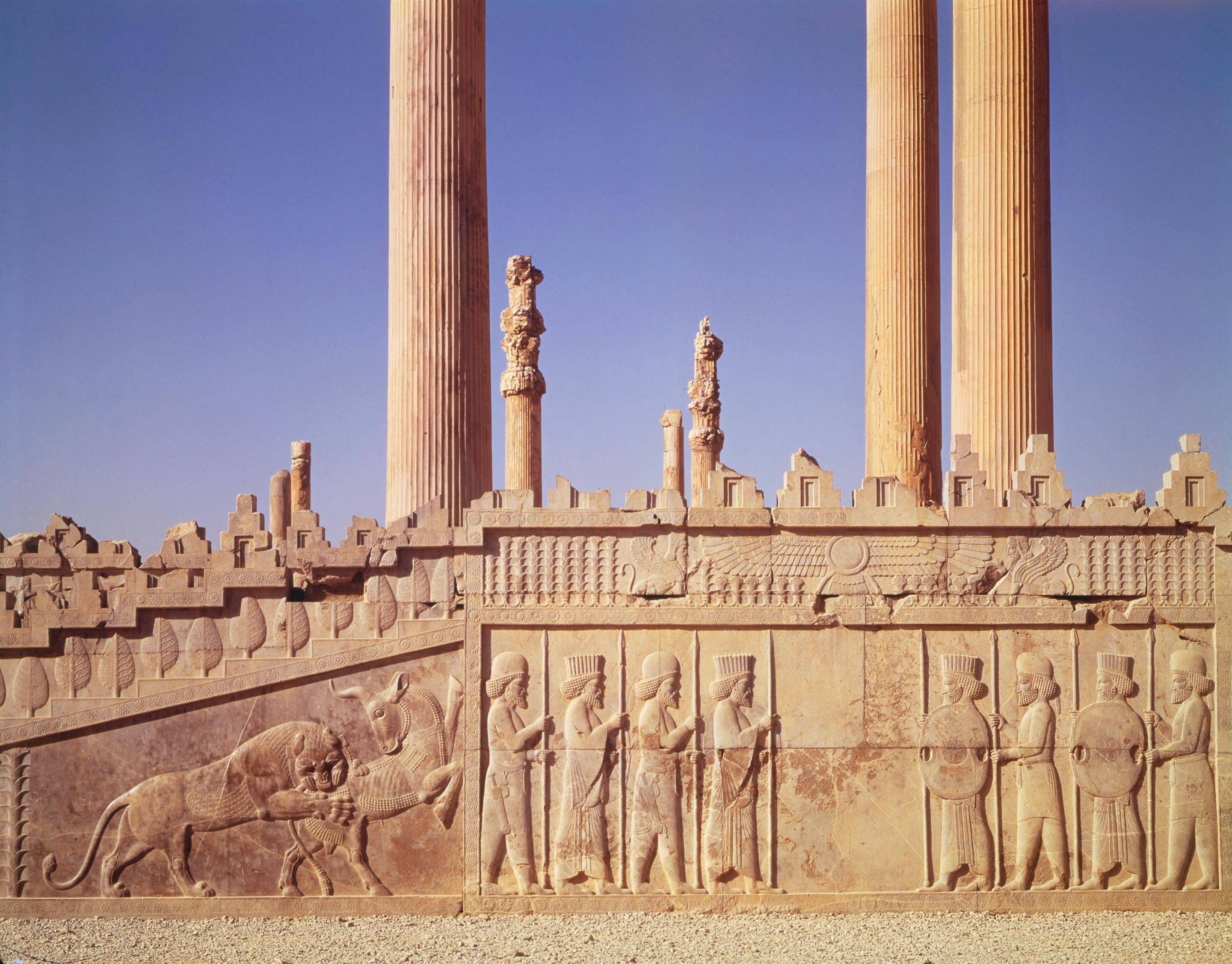 ruined, art and craft, sky, no people, history, travel, persepolis, outdoors, human representation, architectural column, the past, 2K, bas relief, built structure, HD Wallpaper