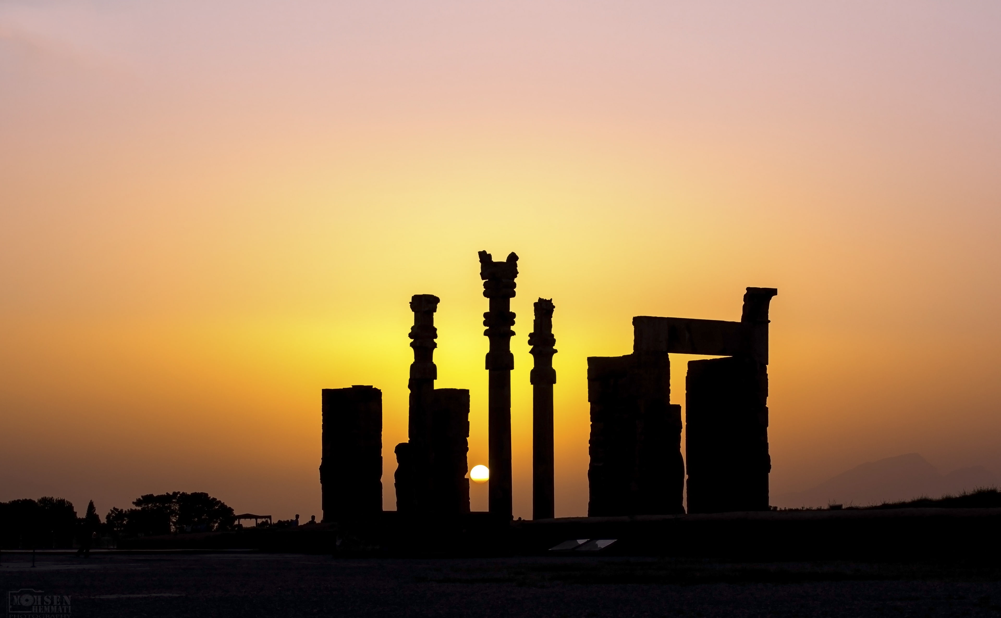 orange color, sunset, Nature, 4K, ancient civilization, persepolis, no people, silhouette, nations, architecture, travel destinations, yellow, the past, HD Wallpaper