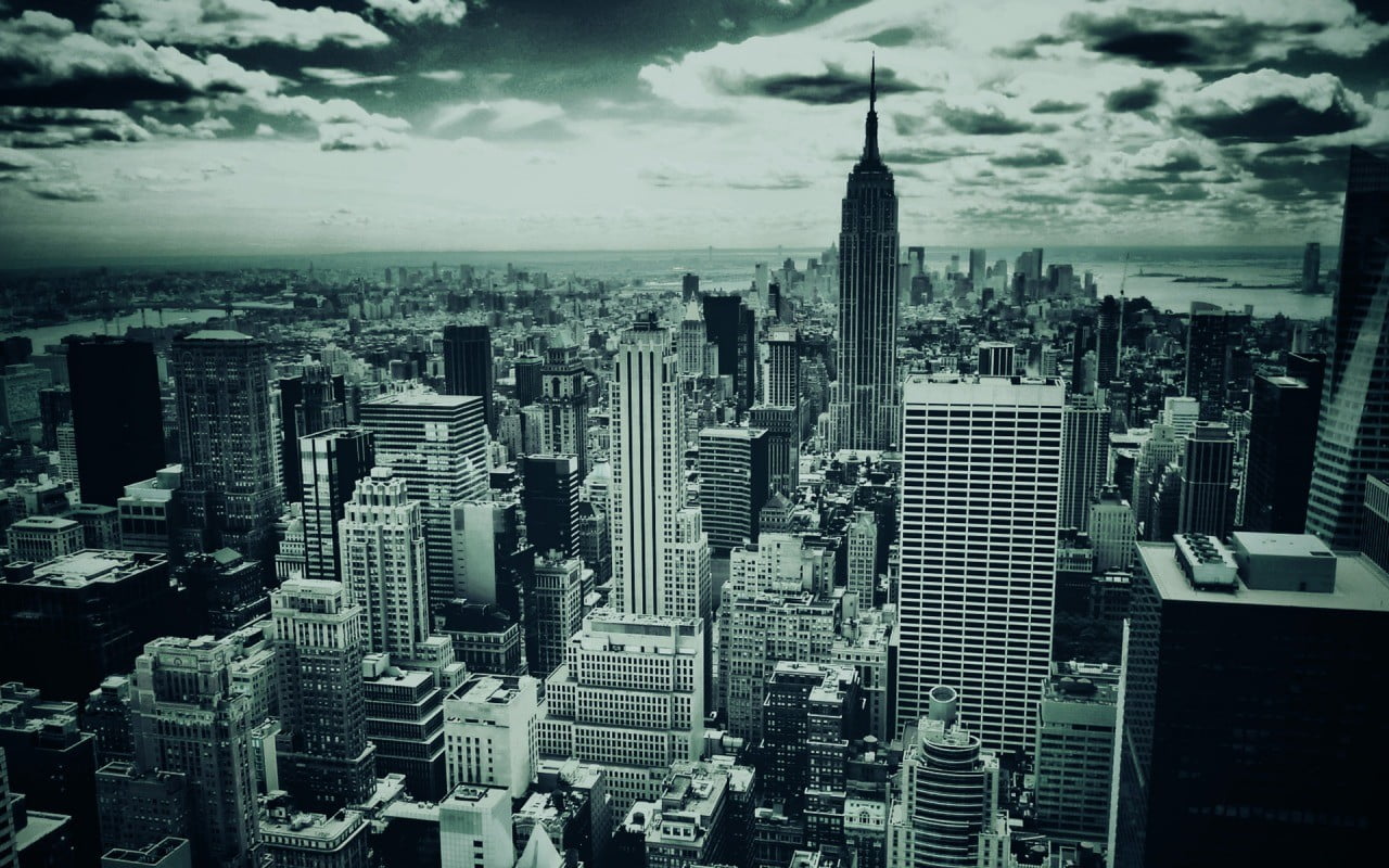 tower, sky, high angle view, city, aerial, monochrome, highrise, built structure, view, New York City, residential district, building exterior, settlement, HD Wallpaper