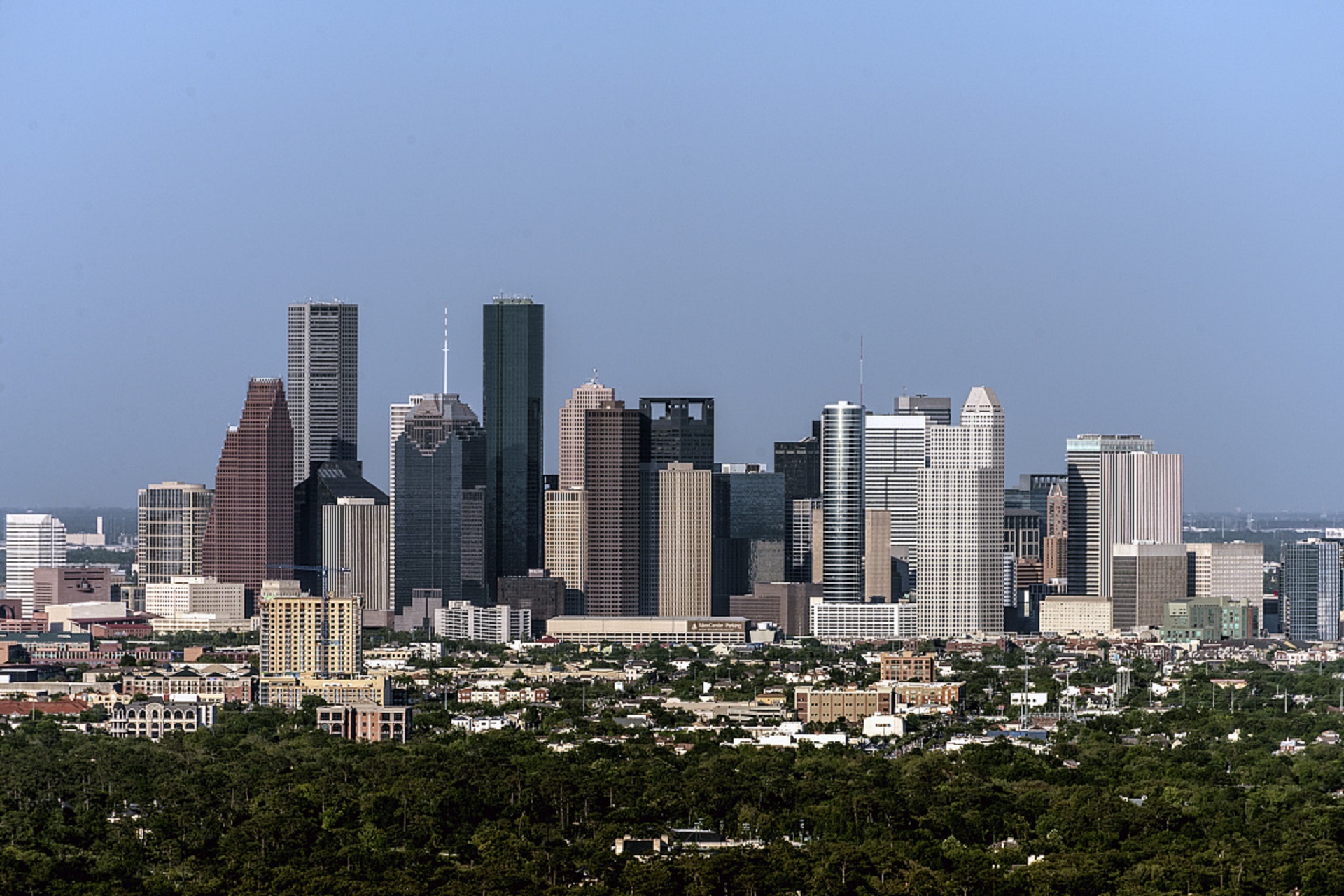near, financial district, downtown district, city, skyline, scenic, built structure, clear sky, city life, cityscape, 1080P, apartment, trees, building exterior, HD Wallpaper