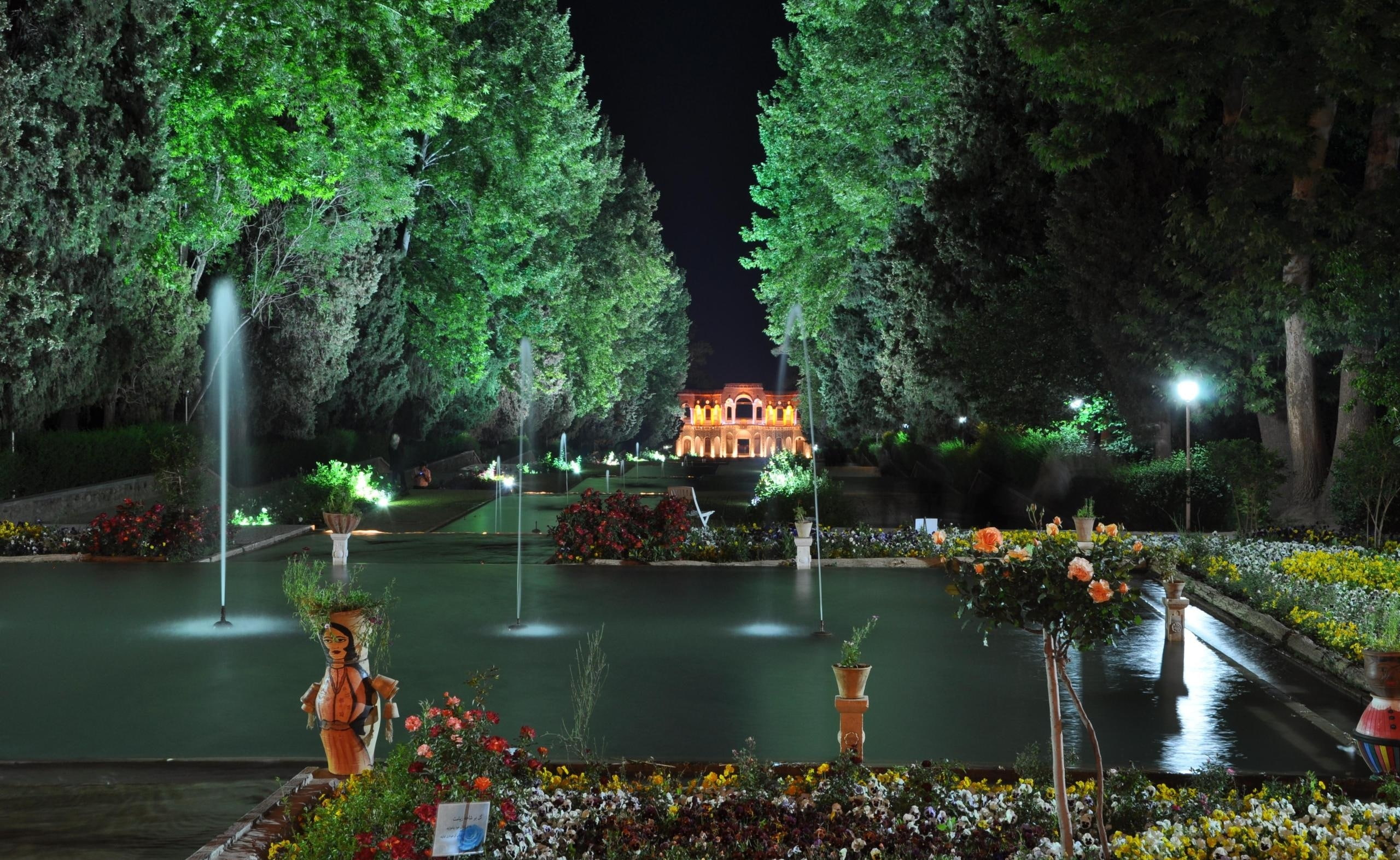 pool, kerman, nature, Garden, 2K, green color, prince, built structure, illuminated, no people, kerman prince garden, growth, outdoors, plant, persian garden, HD Wallpaper