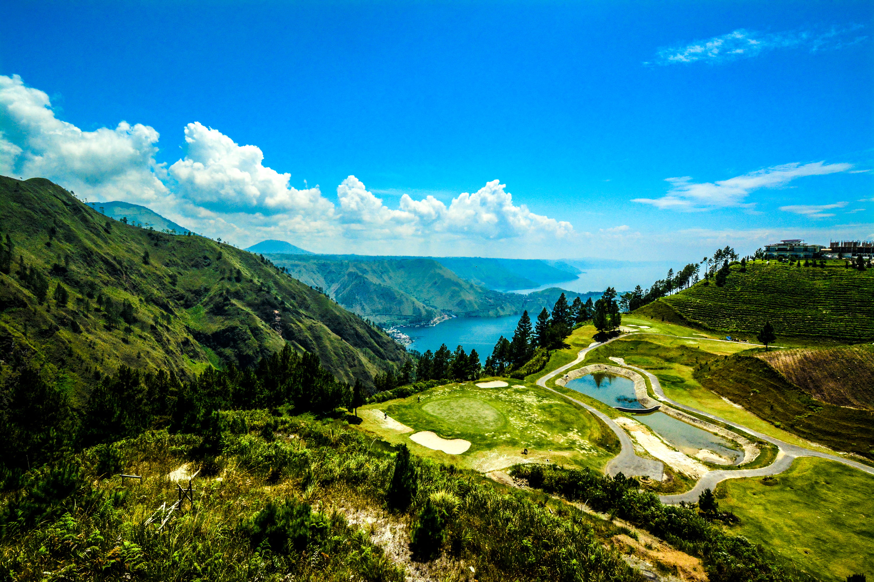 outdoors, scenics - nature, 2K, lake, panorama, nature, tree, green color, day, land, Lake Toba, Indonesia, mountain, Sumatra, green, beauty in nature, HD Wallpaper