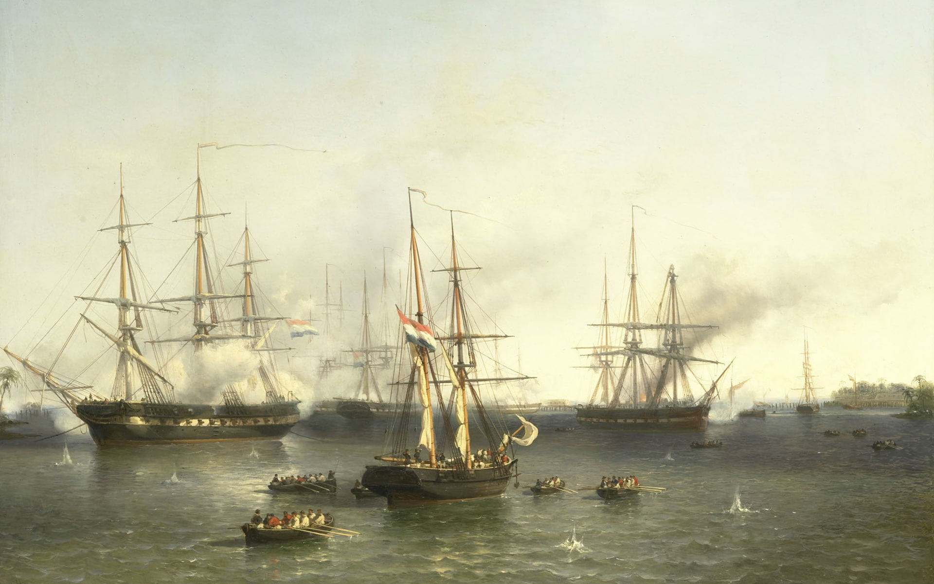 picture, Louis Meyer, oil, The Conquest Of Palembang, ship, tree, battle, 1080P, HD Wallpaper