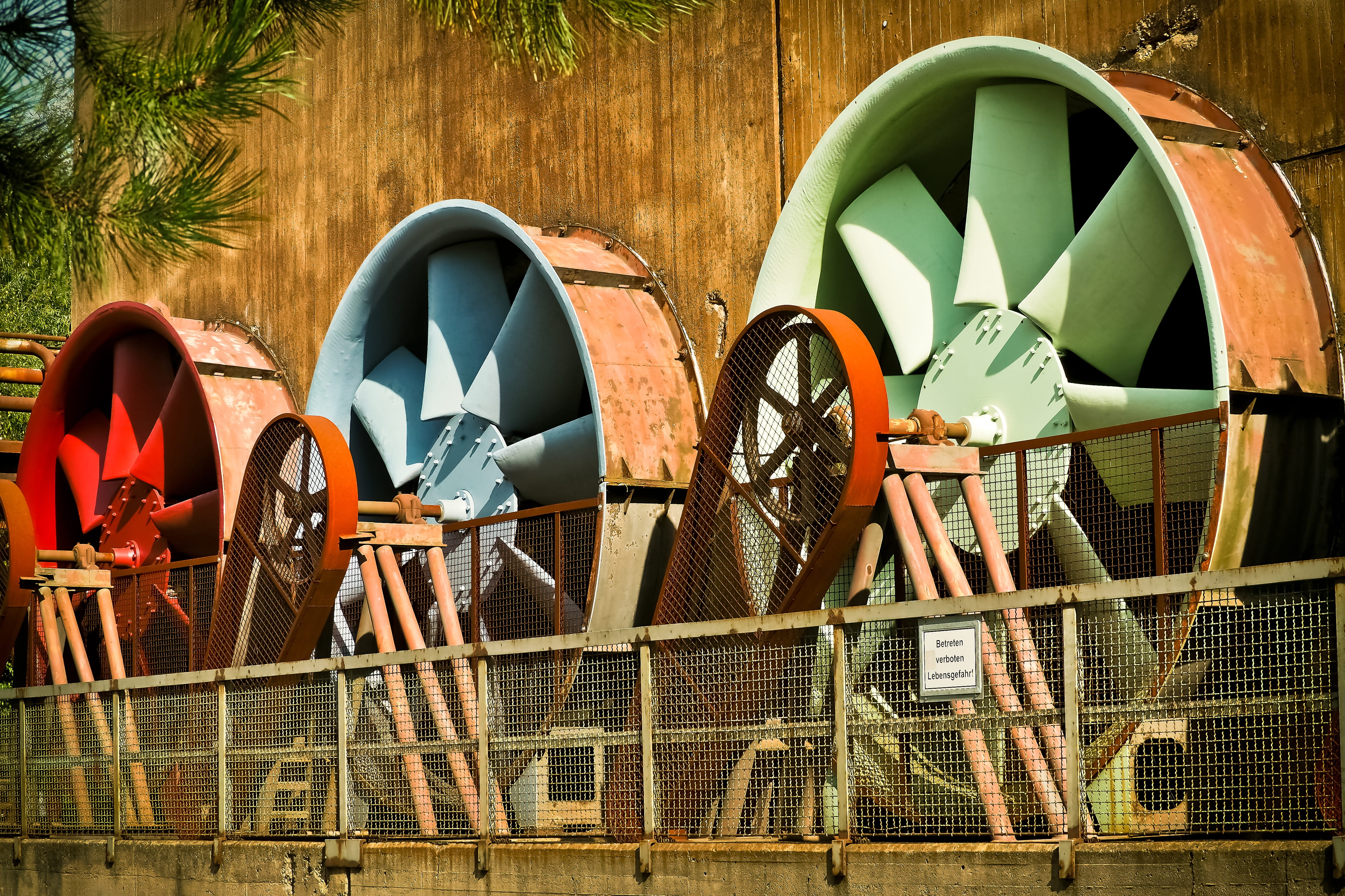 brown, old factory, nature, green, energy generation, ruhr area, production, fence, water turbine, turbine, energy, blue, factory, day, technology, industry, HD Wallpaper