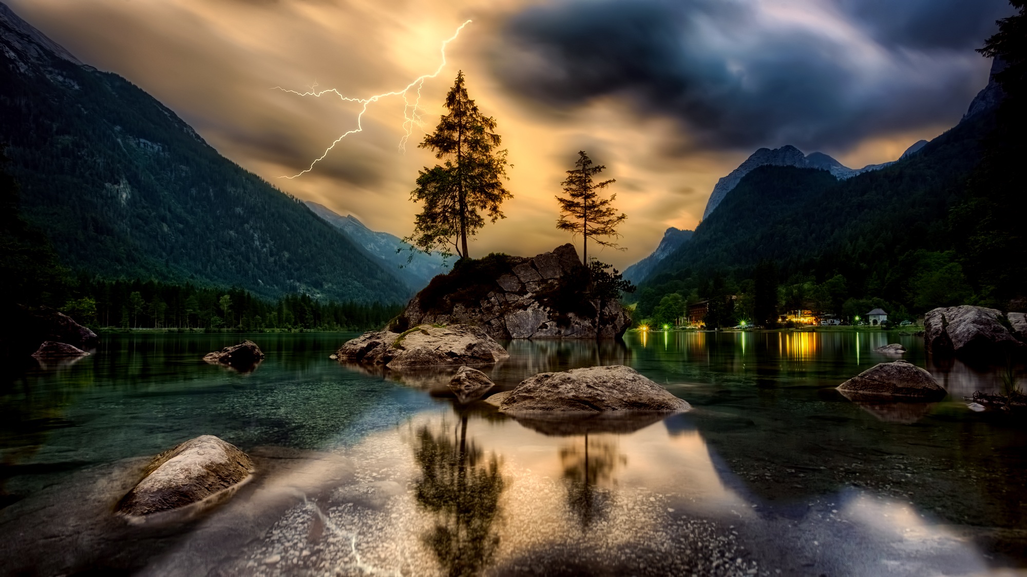 lake, outdoors, reflections, rock - object, homes, lights, rock, sunset, clouds, sky, canyon, valley, landscape, cloud - sky, tree, beauty in nature, black, HD Wallpaper