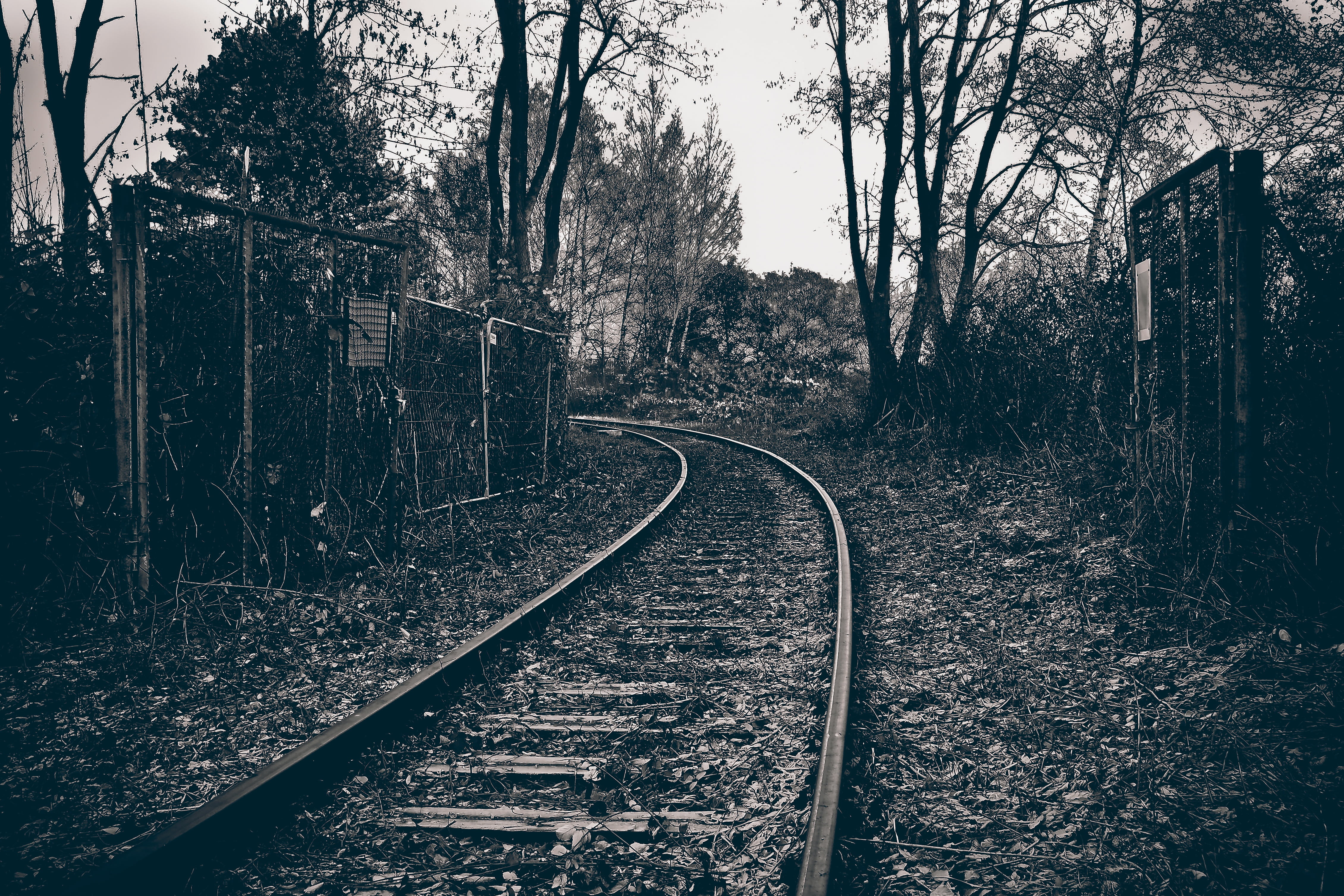 black white, threshold, train, old, grayscale, metal, weird, railway, atmosphere, transience, rail transportation, rail, railway tracks, past, industry, HD Wallpaper