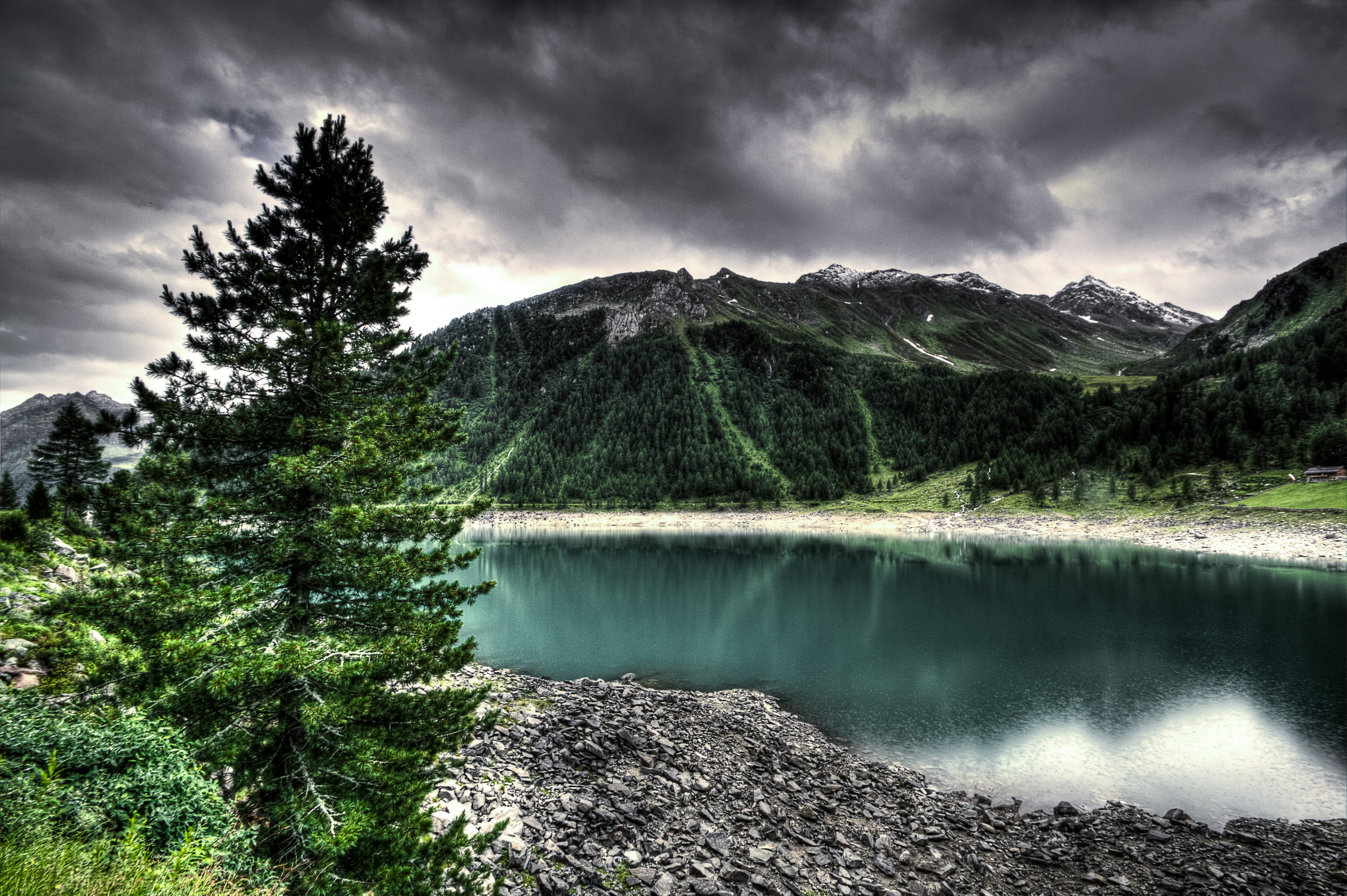 outdoors, sky, day, cloud - sky, scenics - nature, calm waters, beautiful, conifers, plant, coniferous tree, stones, wilderness, dark clouds, pine trees, HD Wallpaper