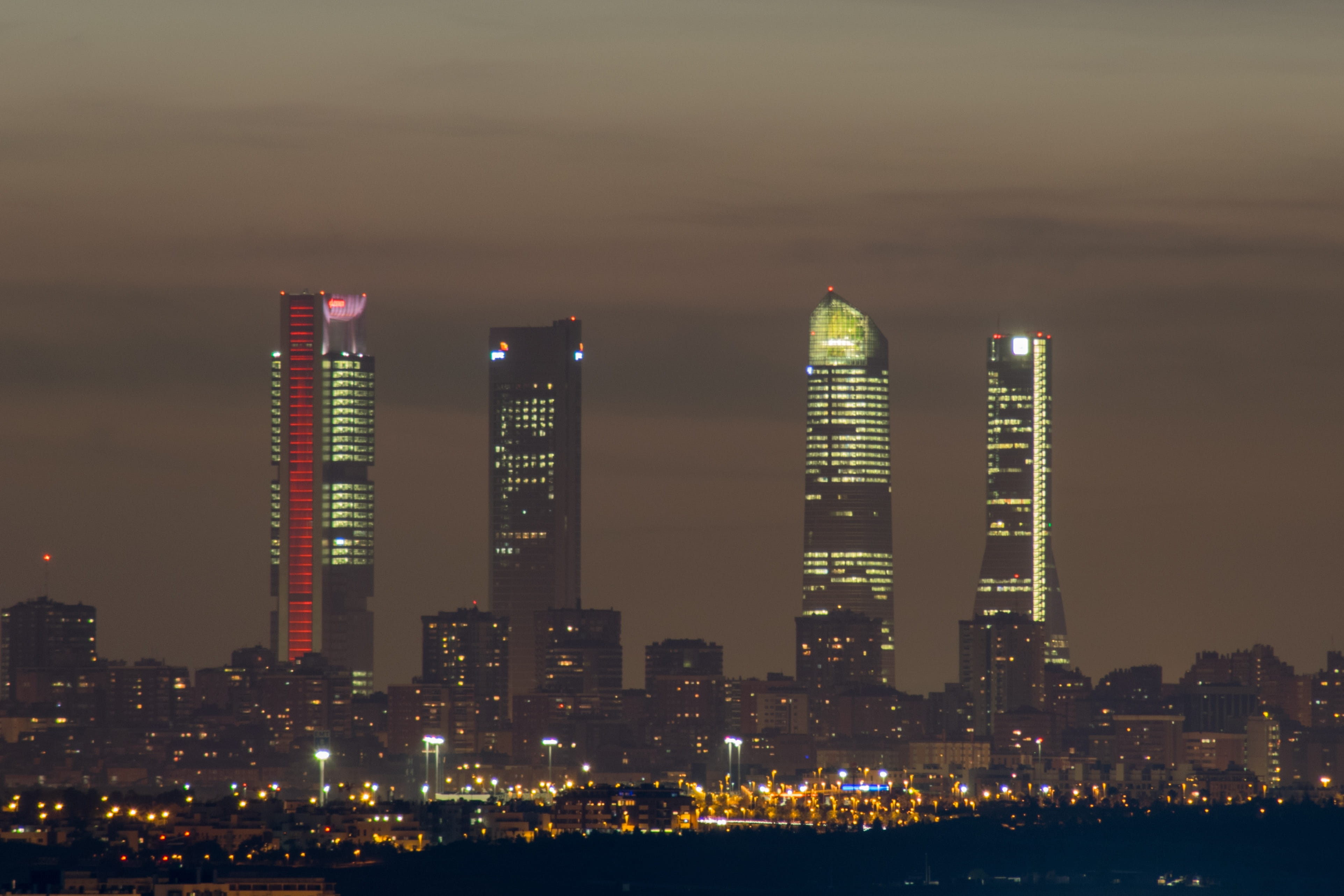 illuminated, urban, office, Skyscrapers, skyscraper, no people, architecture, night, tall - high, Torres, building, castellana, madrid skyscrapers, cityscape, HD Wallpaper