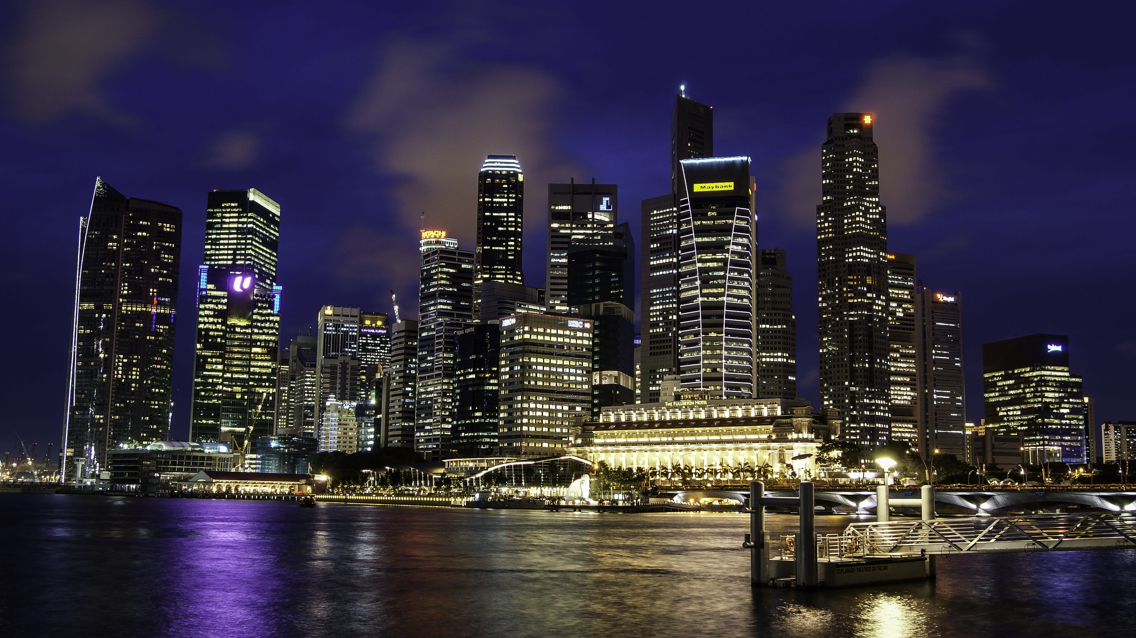 urban Skyline, office building exterior, blue, skyscraper, dark, financial District, water, no people, urban Scene, travel Destinations, dusk, sky, building, HD Wallpaper