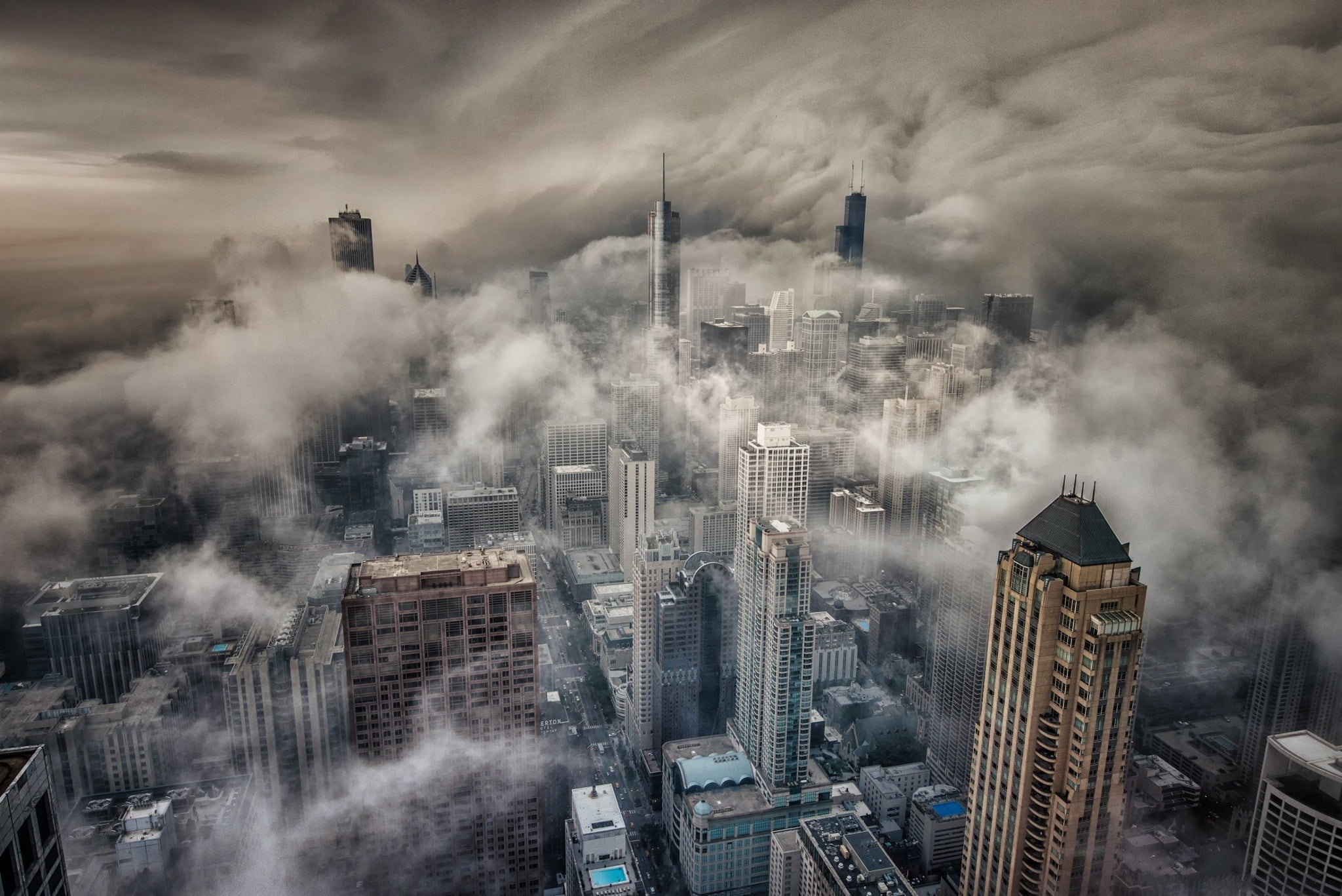 building exterior, clouds, depth of field, 1080P, city, outdoors, building, high, mist, buildings, cloud - sky, smog, no people, office building exterior, HD Wallpaper