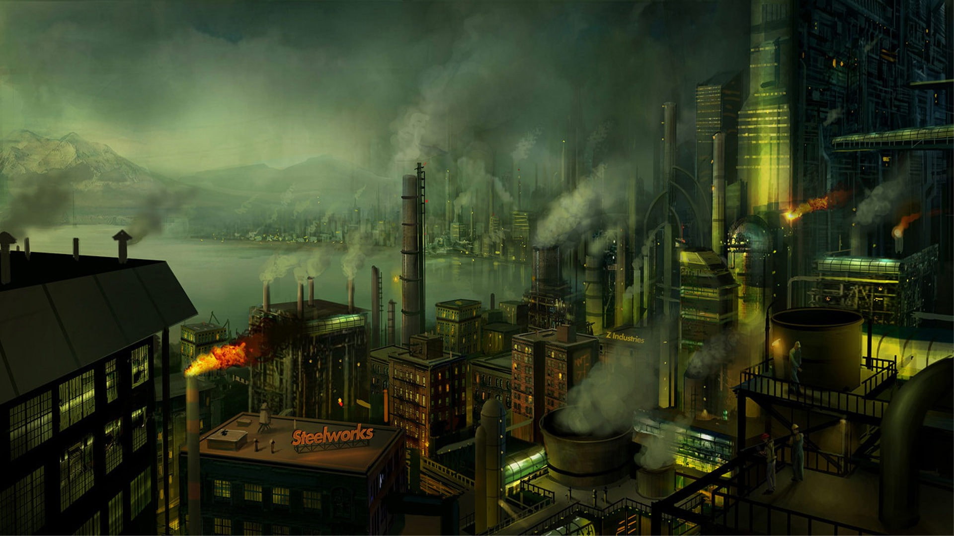 sky, heat - temperature, industry, smoke stack, emitting, nature, environment, fuel and power generation, painting, air pollution, factory, water, smoke - physical structure, HD Wallpaper