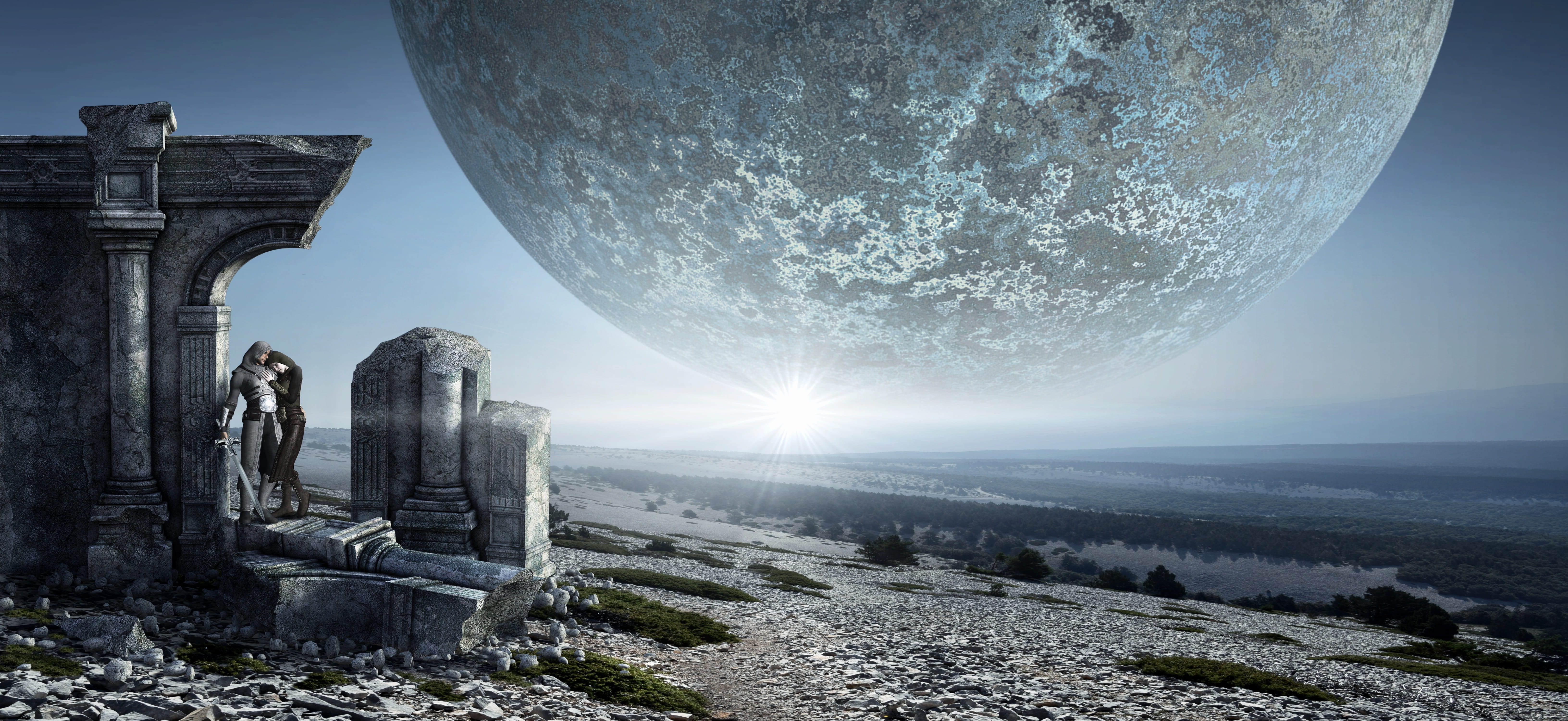 atmosphere, mood, sky, belief, magic, sculpture, composing, outdoors, moon, fantasy, columnar, wide, ruin, scenics - nature, man, horizon, 5K, no people, HD Wallpaper