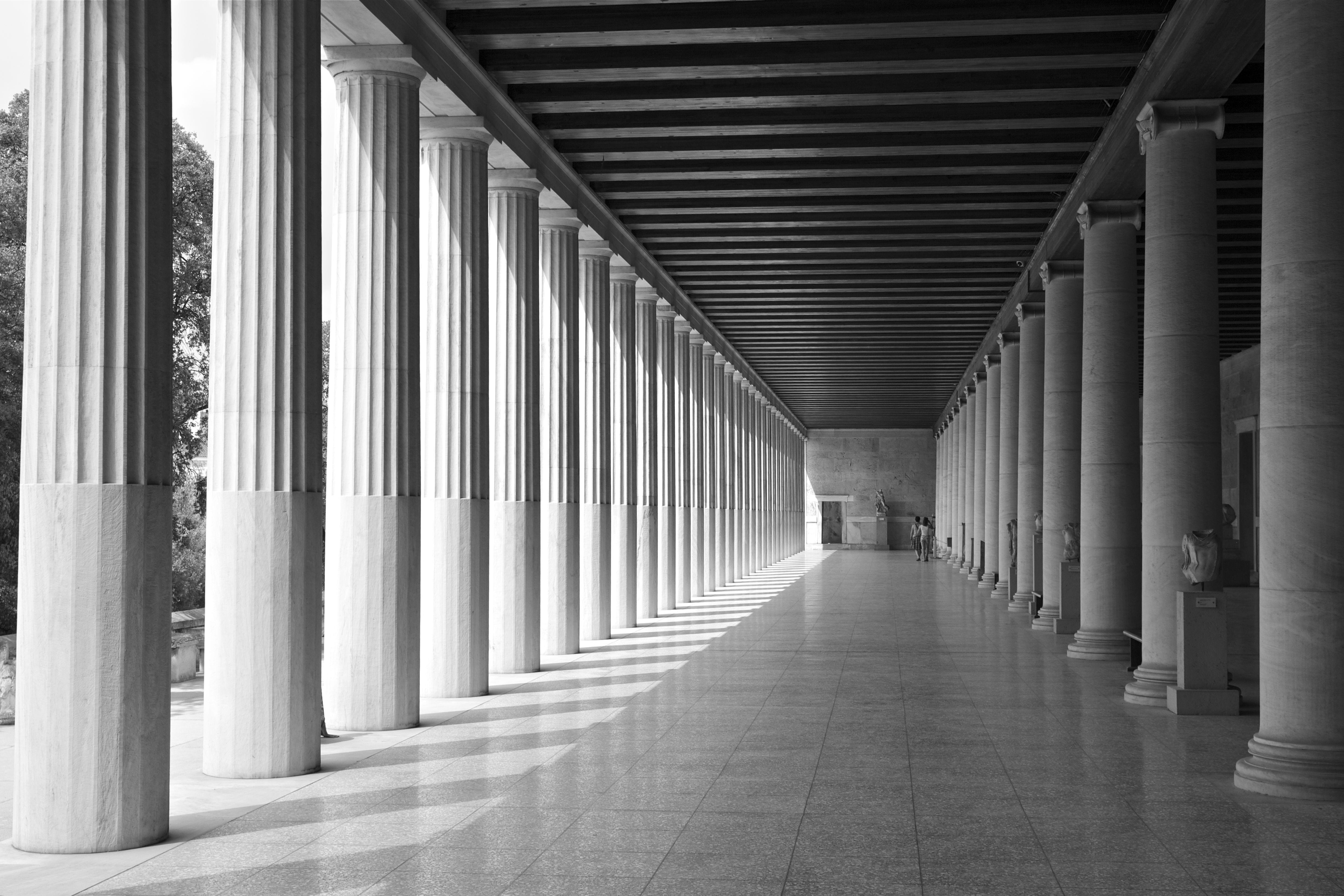 built structure, mediterranean, colonnade, monochrome, black, corridor, hellas, direction, arcade, the way forward, absence, indoors, acropolis, greece, HD Wallpaper