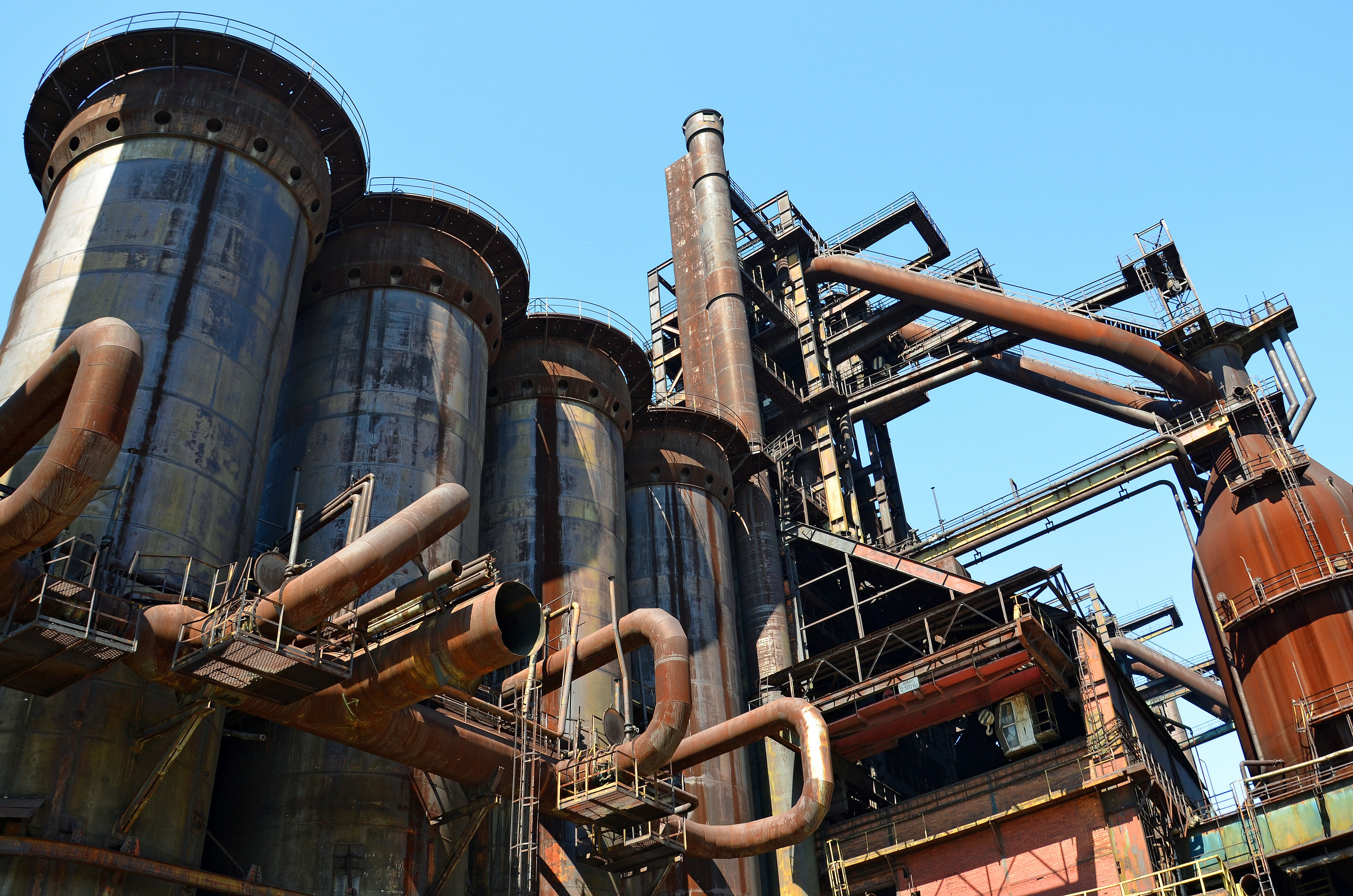refinery, industrial equipment, architecture, day, nature, low angle view, vysoká pec, ostrava, pipeline, built structure, iron, directly below, metal industry, HD Wallpaper