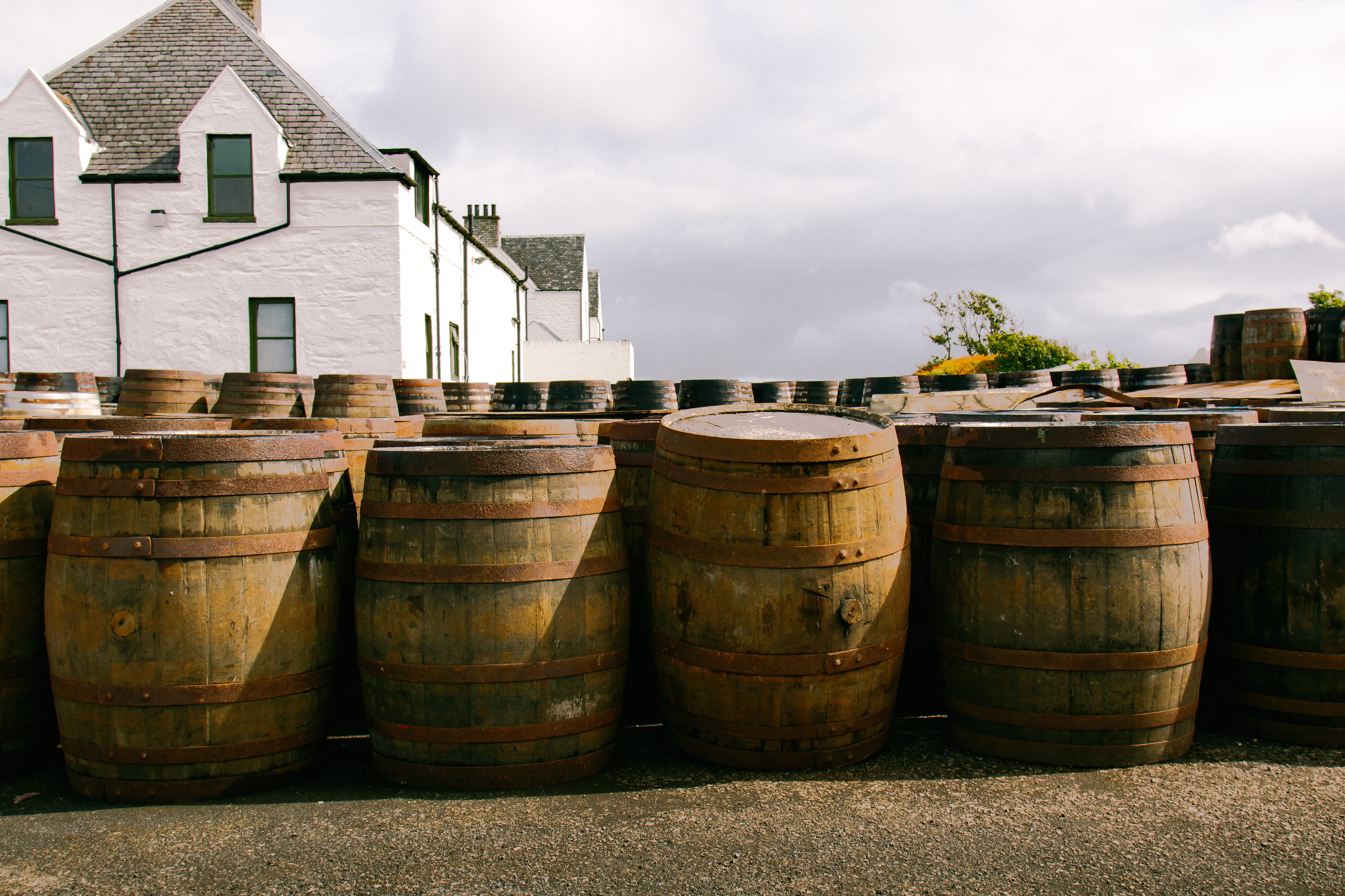 architecture, 5K, distillery, food and drink, nature, drum - container, built structure, outdoors, wood - material, sky, building exterior, side by side, HD Wallpaper