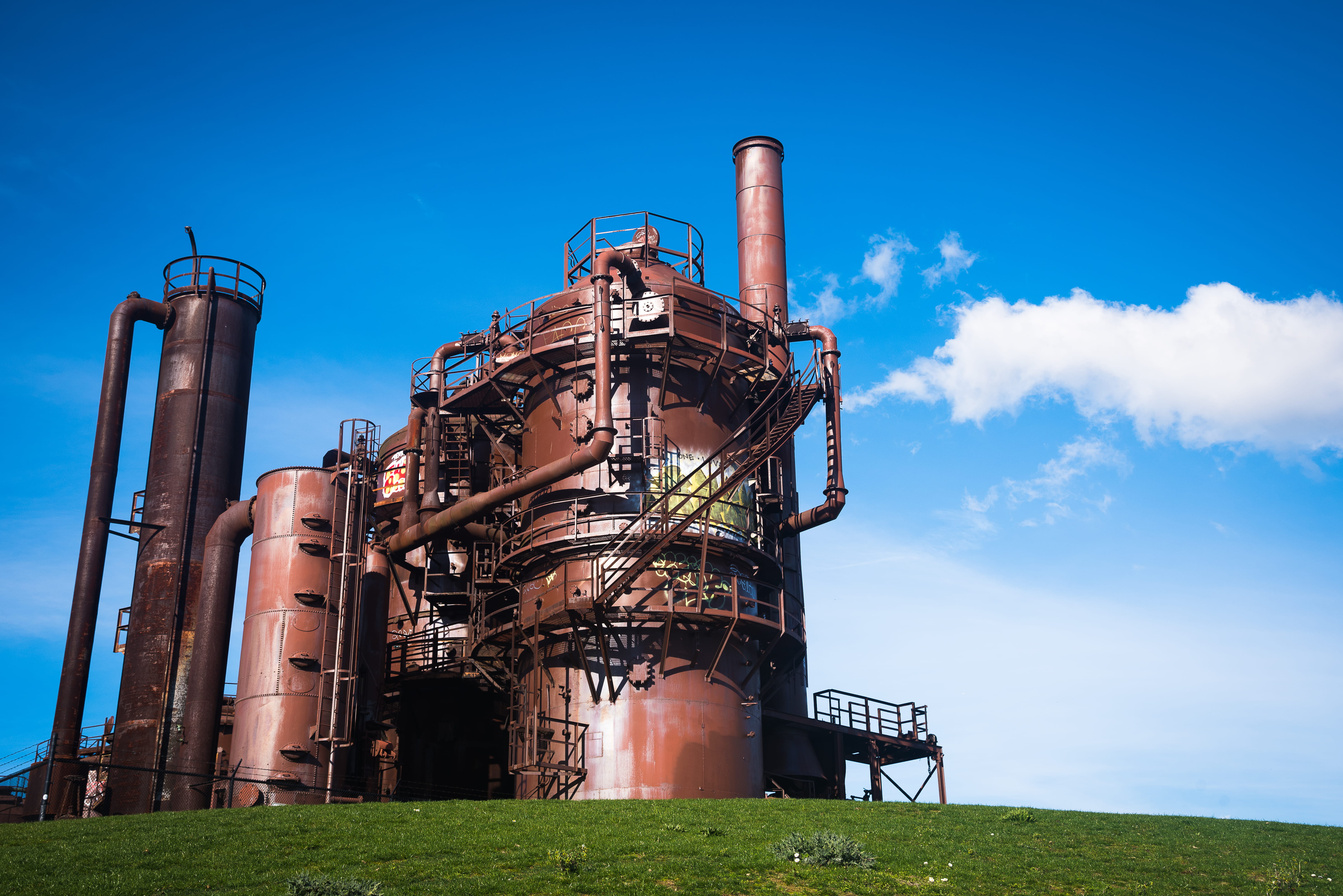 silver colored, storage tank, built structure, cloud - sky, low angle view, nature, chemical plant, day, united states, gas plant, smoke stack, building exterior, HD Wallpaper