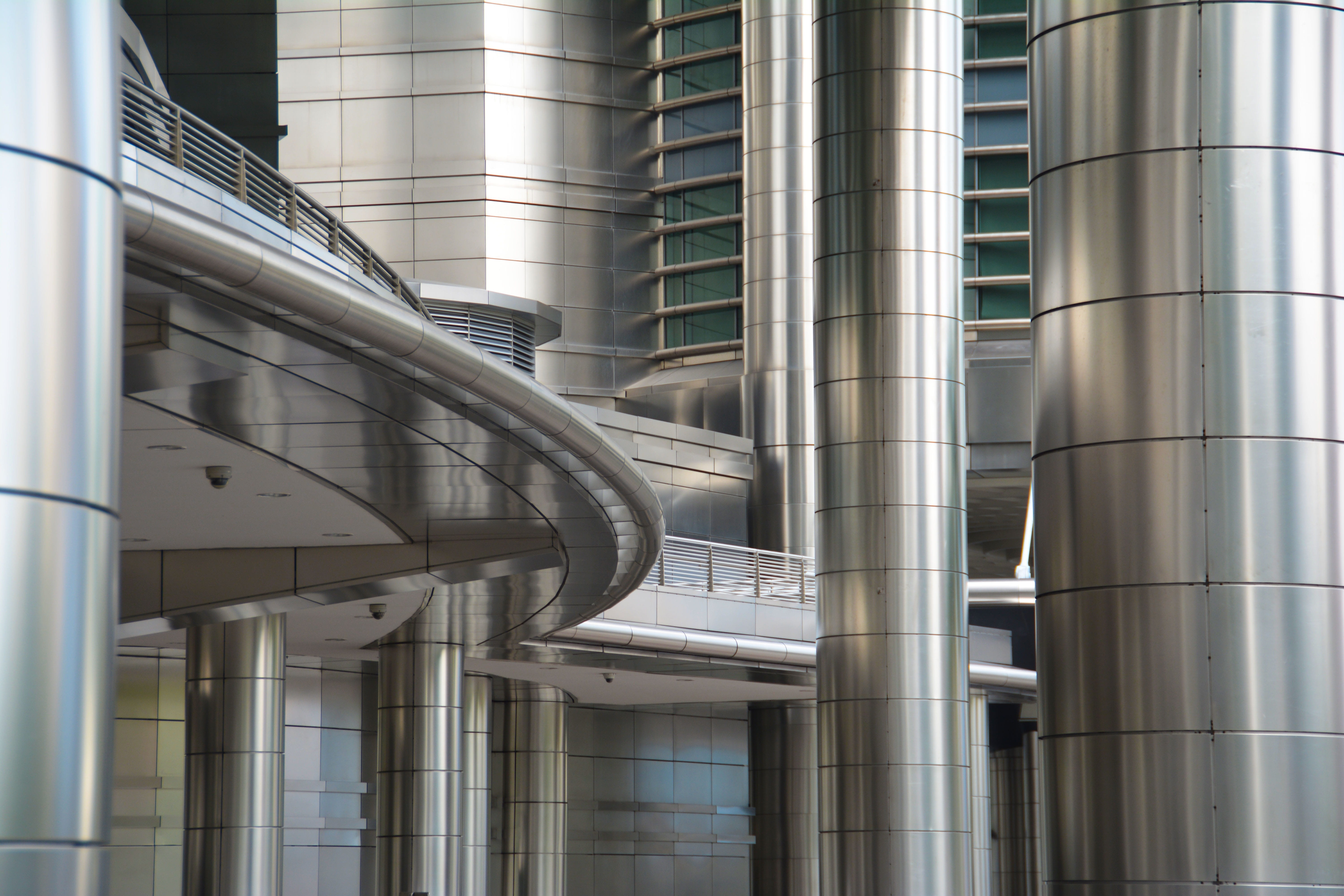 low angle view, industrial building, daytime, built Structure, building, steel, silver colored, office Building, pipe - tube, facade, stainless steel, design, HD Wallpaper
