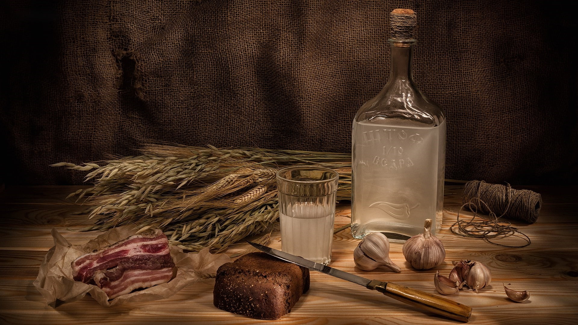 1080P, alcohol, still life, distilled beverage, darkness, wood - material, container, bacon, healthy eating, large group of objects, no people, jar, glass, HD Wallpaper